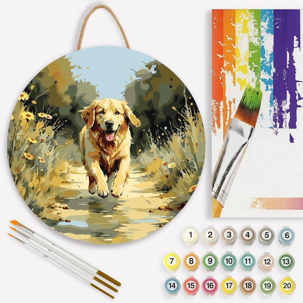 Golden Retriever Paint by Numbers Kit for Adults on Wood Board – DIY Dog Running Through Flowers Wood Craft Painting Kit, 12 in Round, Acrylic Paint Set, Beginner-Friendly, Relaxing Home Decor Gift