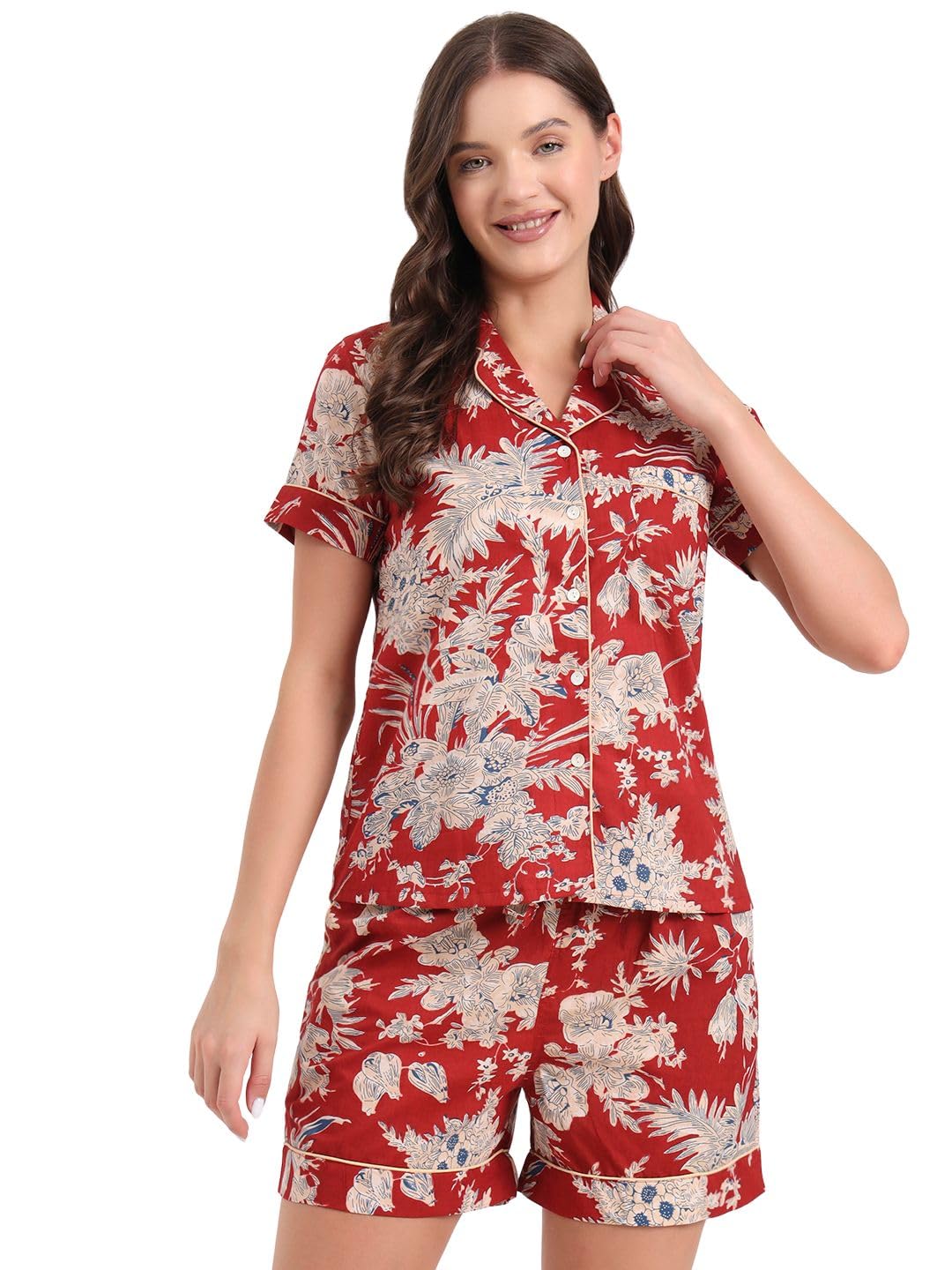 Red Cotton Shirt and Shorts Night Suits(DK0293)-image-16