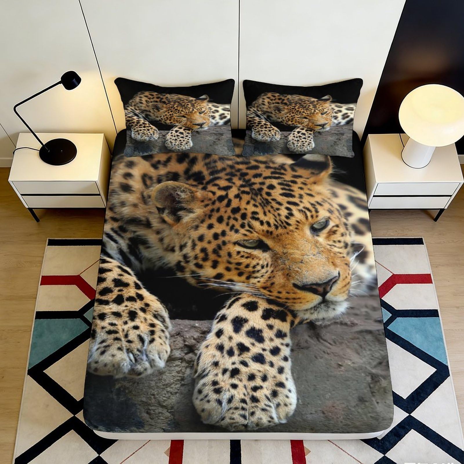 3D Printed leopard Fitted Sheet, soft touch Microfiber, stylish bedroom decor, wrinkle resistant, guest room bedding, mattress protector, easy care, dustproof, animal print 90x200x25cm