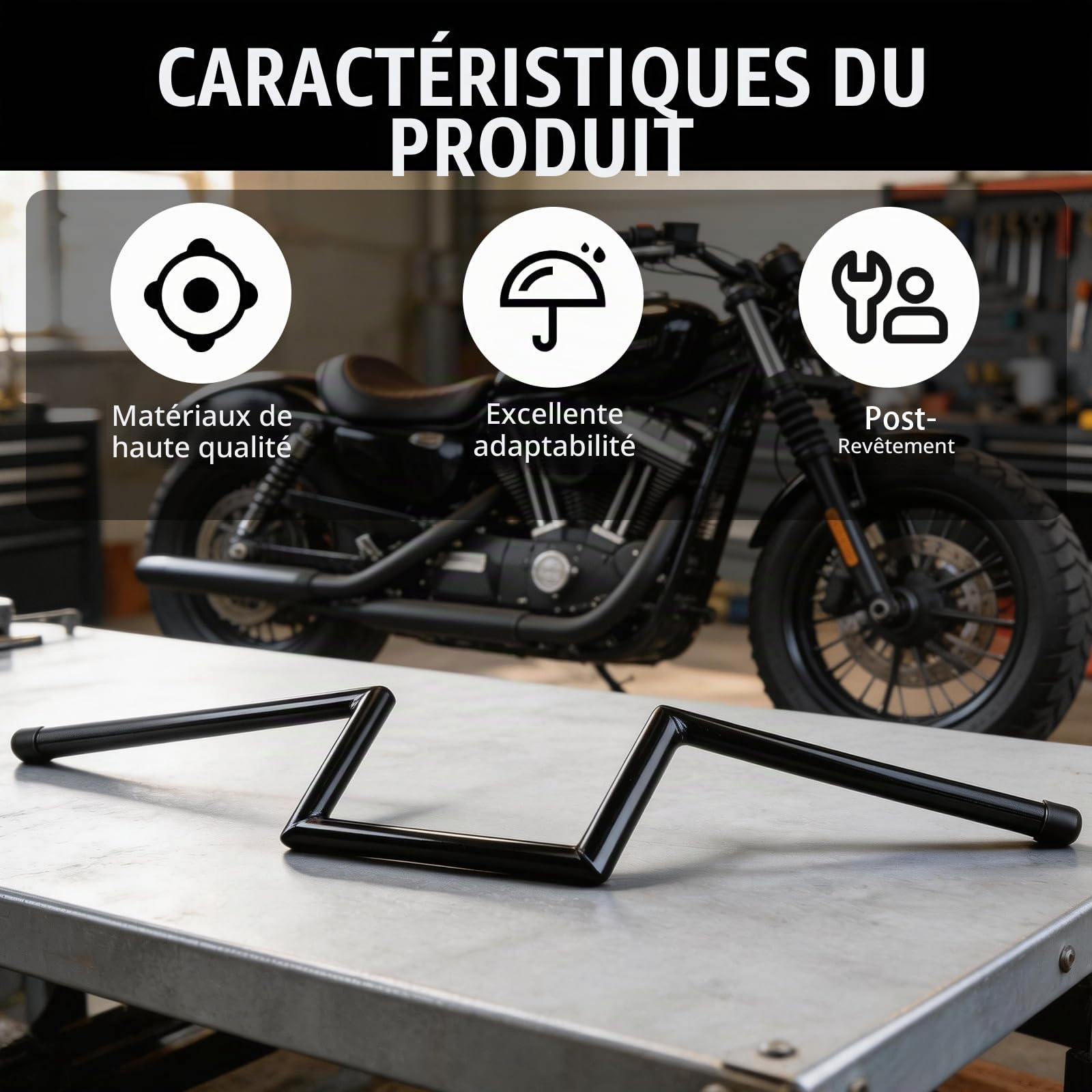 Guidon Moto, Z Bar Ø22 mm 7/8 Pouce, Rehausse 8" En Acier Robuste Avec Abaissement Central Style Chopper Pour Harley Yamaha Suzuki Kawasaki MT07 MT09 Touring Street Bike Cruiser ATV