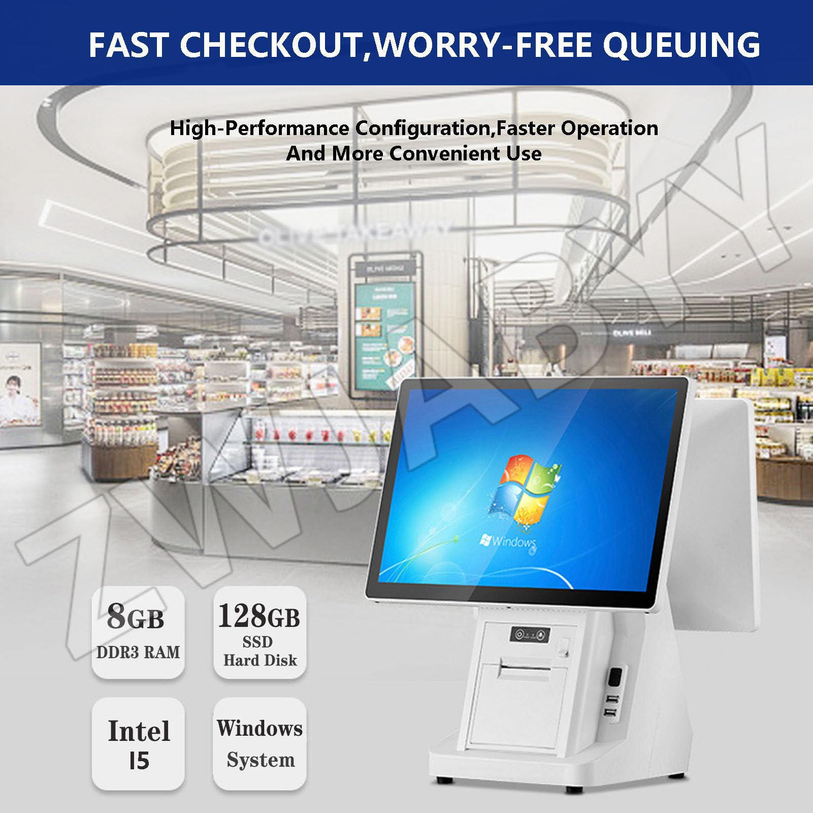 Monitor registratore di cassa POS All-in-One, doppio touch screen da 15,6 pollici, CPU I5, 8 GB di RAM, SSD da 128 GB, Windows, stampante termica integrata da 58 mm,per piccole imprese, ristoranti