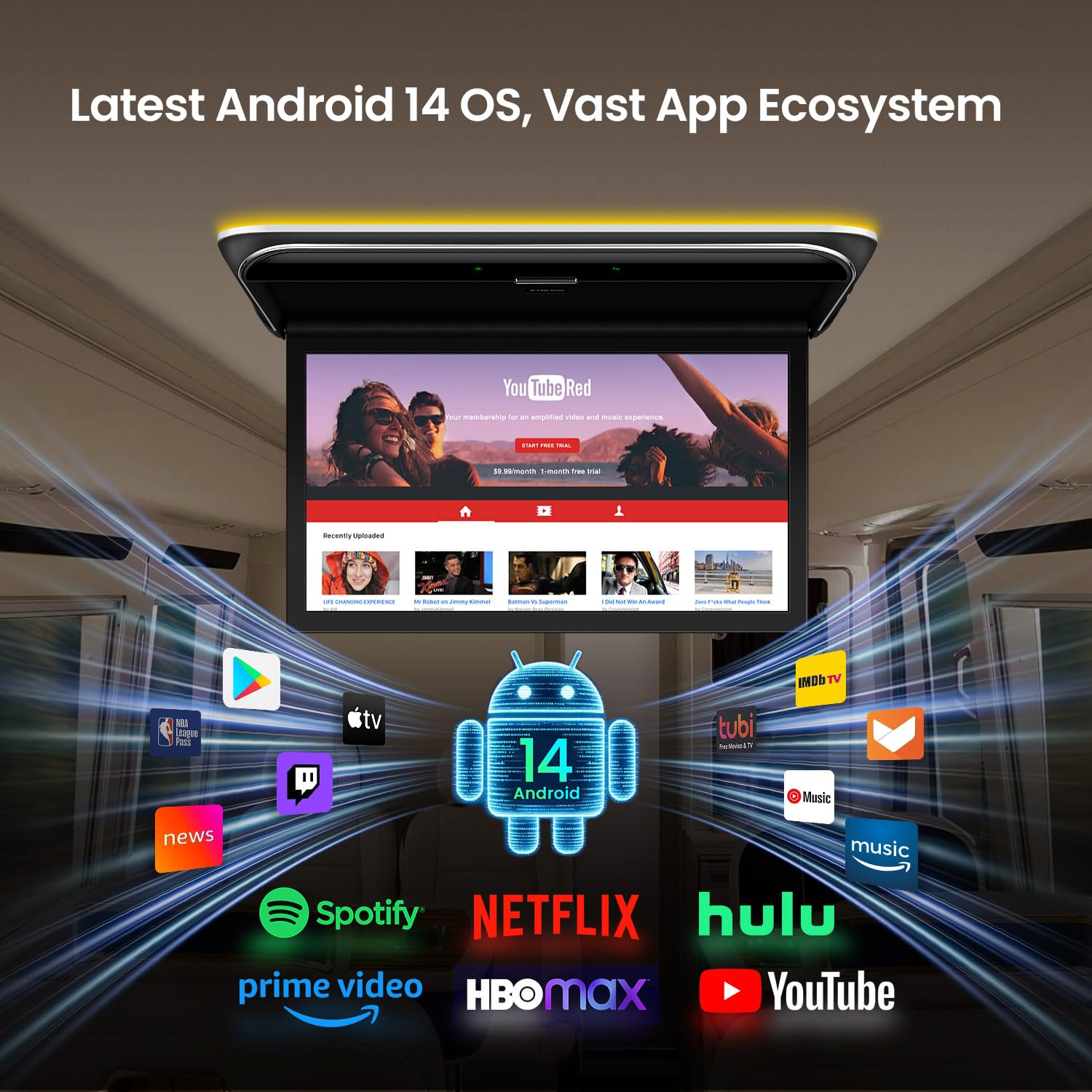 XTRONS 49,5 cm (19,5 Zoll) Android 14 Auto Overhead Flip Down Mount Monitor FHD IPS Bildschirm Octa-Core 4+64GB Autodach Multimedia-Player Auto Video mit überlegenem Sound Unterstützung HDMI/USB/AV/IR