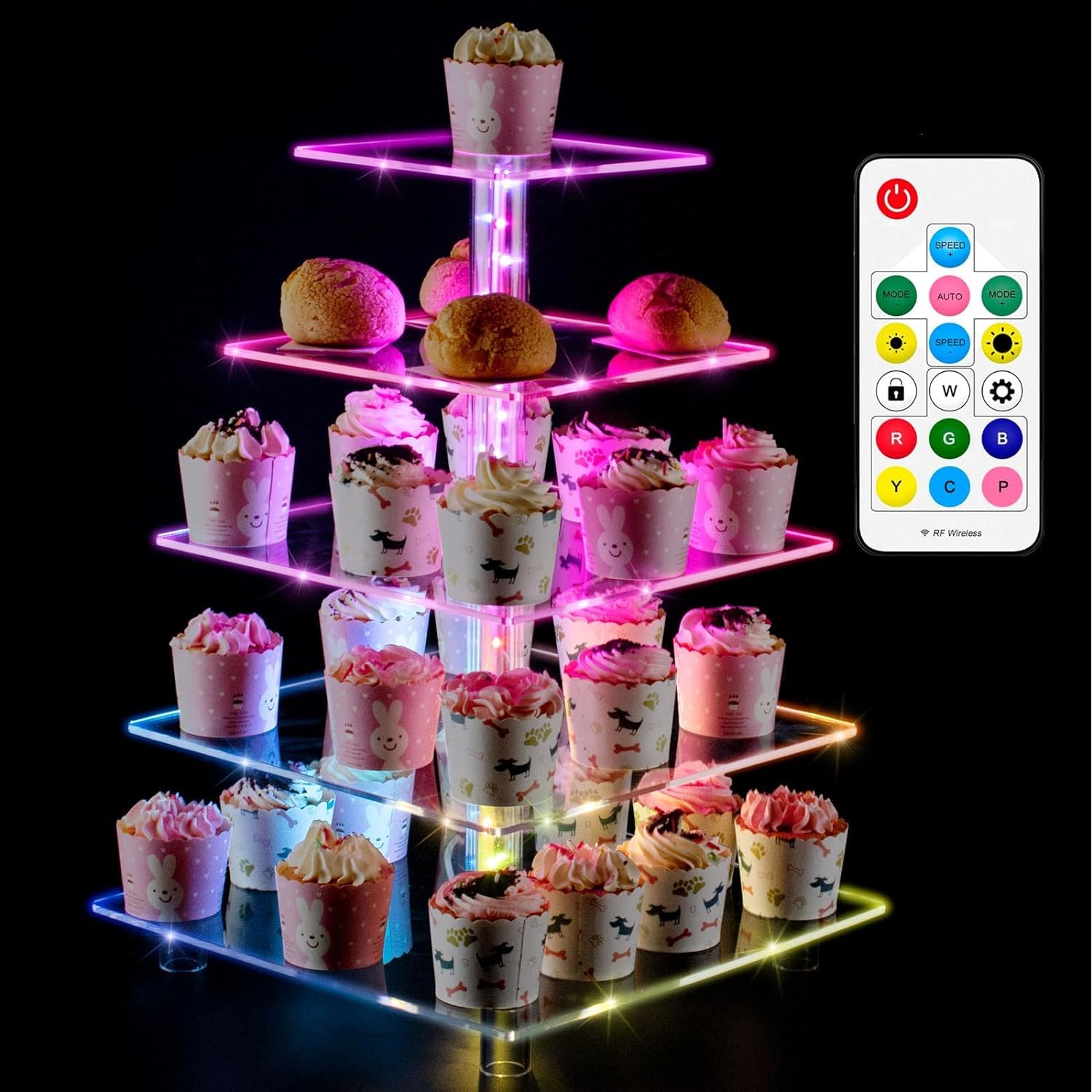 5 Etages Présentoir Cupcake avec Télécommande, Ulifeme LED Multi-couleurs Support de Cupcakes en Acrylique, Affichage de Desserts Carré: Noël, Mariage, Anniversaire et Décoration de Fête, USB Alimenté