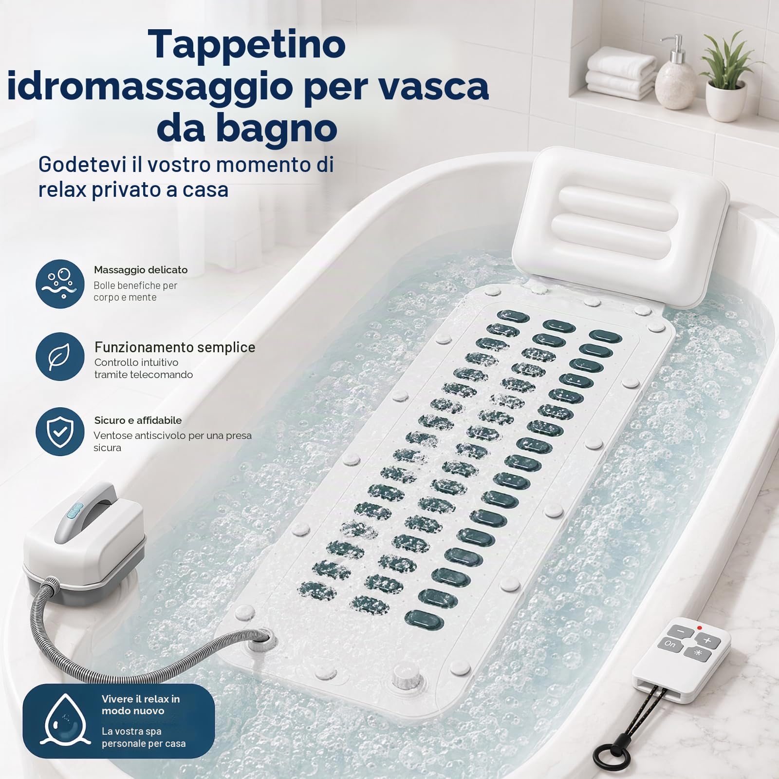 Tappetino per vasca da bagno, tappetino per vasca da bagno con cuscino, massaggiatore portatile con bolle a 6 velocità per rilassamento domestico, ventose antiscivolo