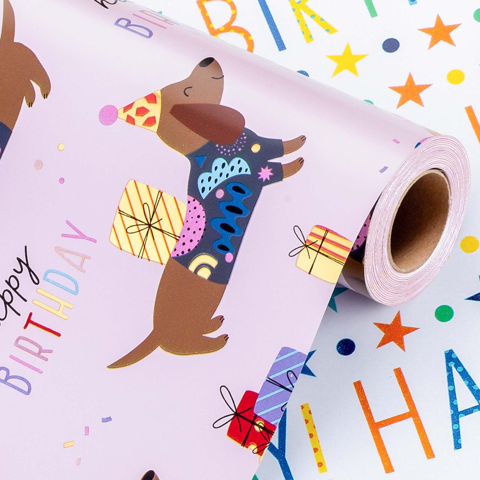 Wikadlik Geburtstags-Geschenkpapier, 43 cm x 10 m, niedlicher Hundeballon-Thema, Alles Gute zum Geburtstag-Schriftzug, rosa Geschenkpapier