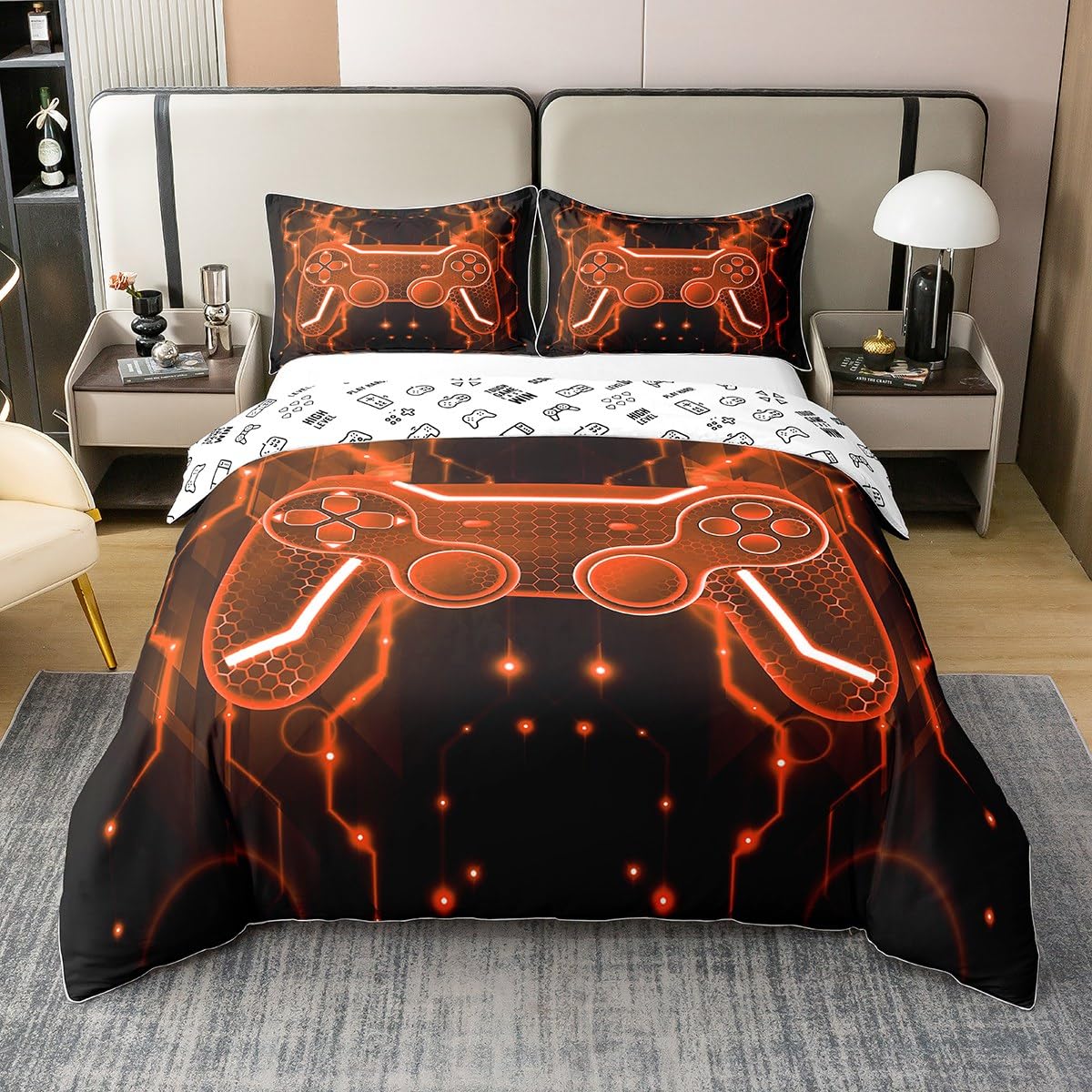 Homemissing Gamer Duvet Cover 100% Cotton King Size Game Controller Comforter Cover Set Adults Gaming Bedding Set Game Room Decor Orange Black Bedspread Cover Room Decor 3Pcs With 2 Pillow Case