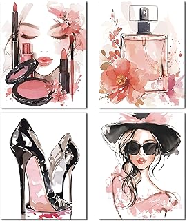 CREATCABIN 4 pièce de Maquillage Rose - Impression sur Toile - Femme Tendance - Décoration Aquarelle - Talons Hauts - Parfum - Beauté - Décoration Murale pour Chambre à Coucher 25x20cm sans Cadre