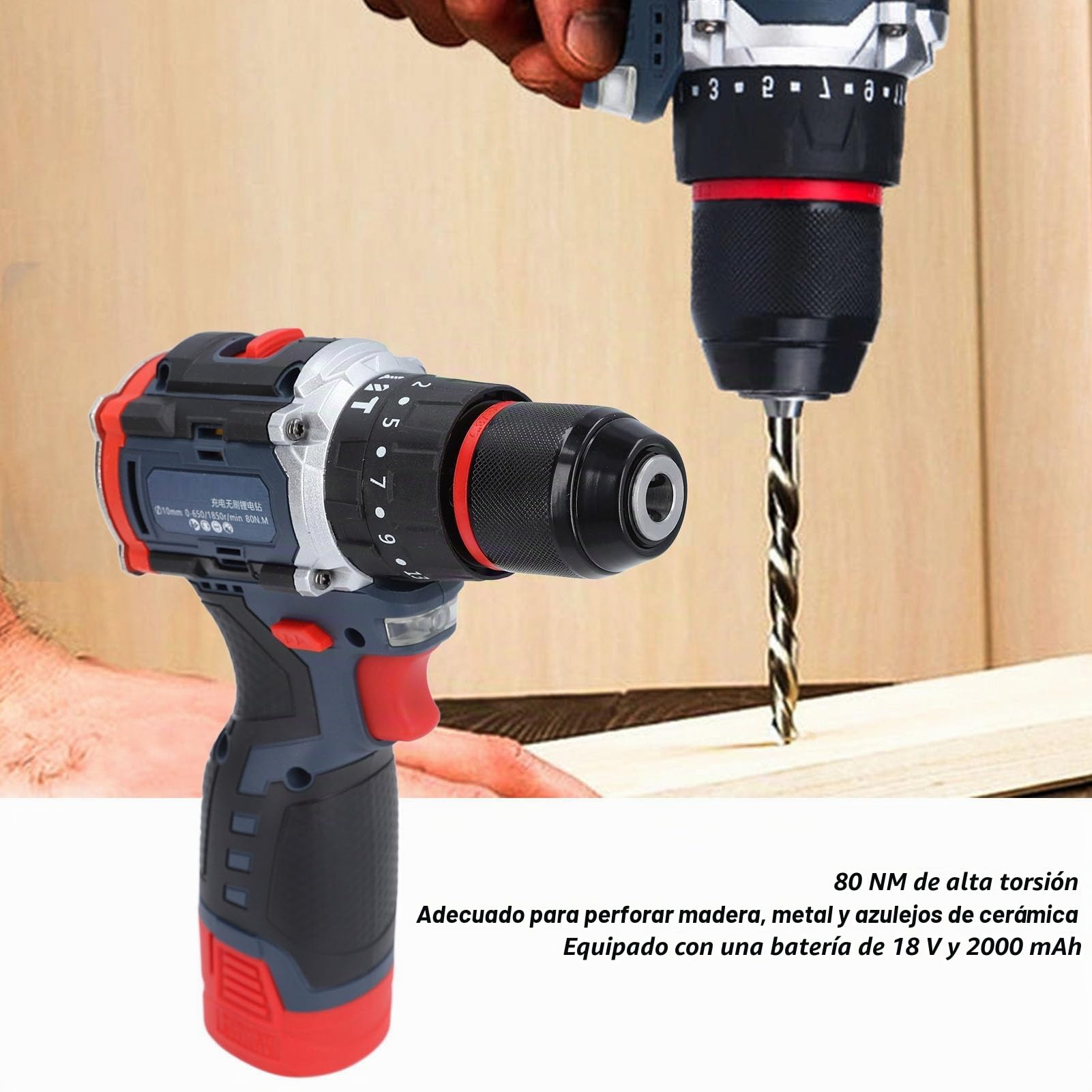 Juego de Taladro Inalámbrico, Taladro Atornillador Inalámbrico Sin Escobillas de 18 V con 2 Velocidades Variables, Torque de 80 Nm, Portabrocas de 10 Mm, Batería y Cargador