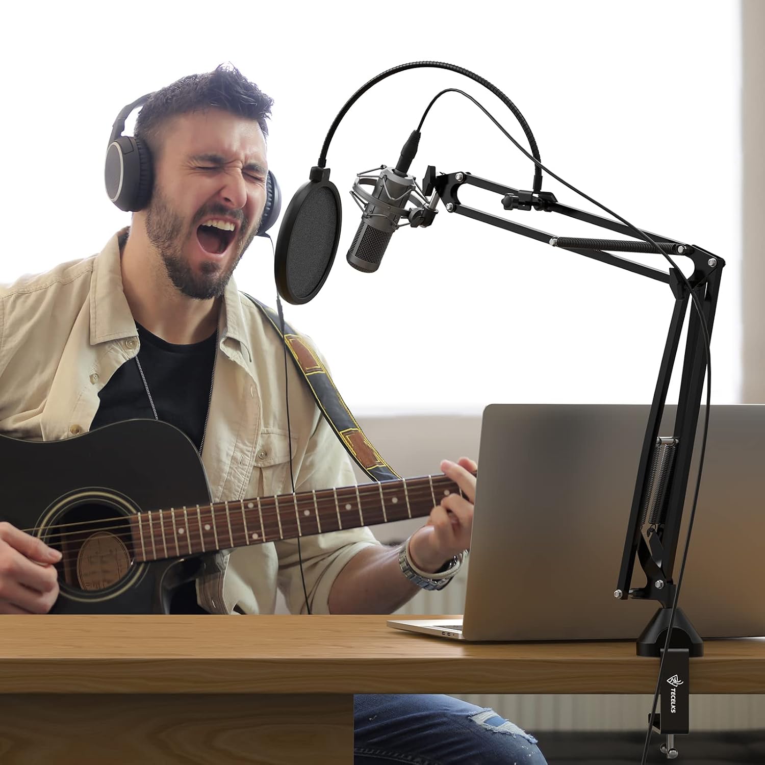 Mic Arm with Pop Filter, Heavy Duty Microphone Arm with Oversized Table Clamp, Professional Mic Stand for Studio/Podcasts/Gaming/Live Streaming, Perfect for Blue Yeti/Snowball/Other Microphones