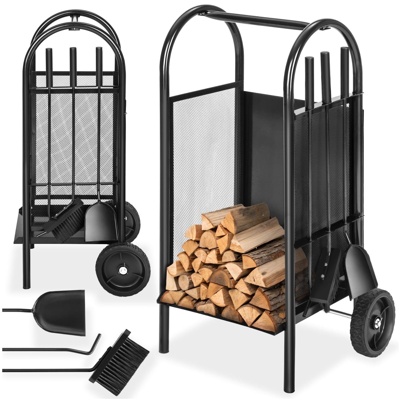 tectake® Chariot à buches, Capacité de Charge 35 kg, Inclus Tisonnier, Balai, Pelle cheminée, Chariot à roulettes, Serviteur cheminée, Range buche Interieur, Rangement Bois Interieur, Range-bûches