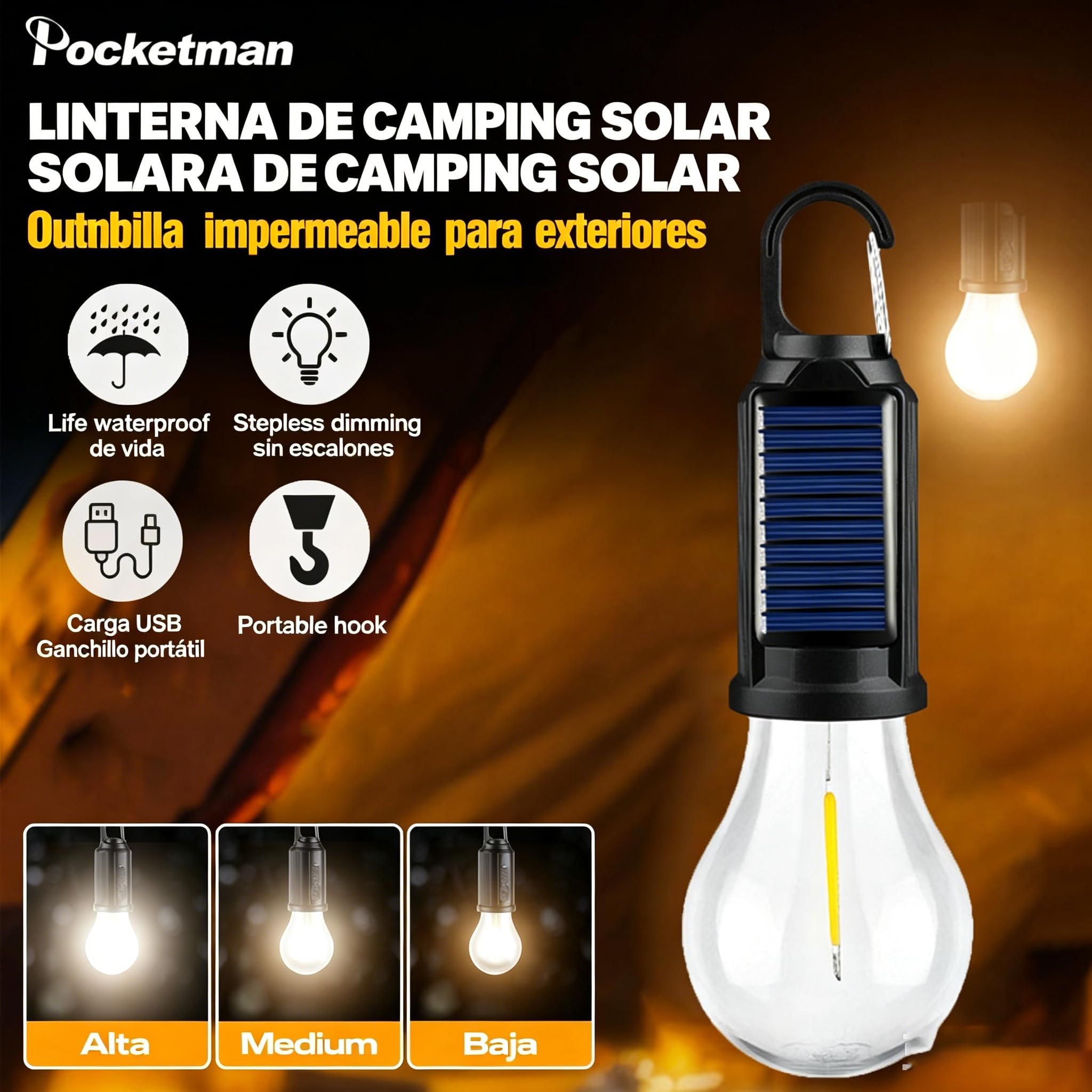 Bombilla Led Solar HookPro Lámpara solar recargable portátil con LED,senderismo y mochileros, Lámpara exterior