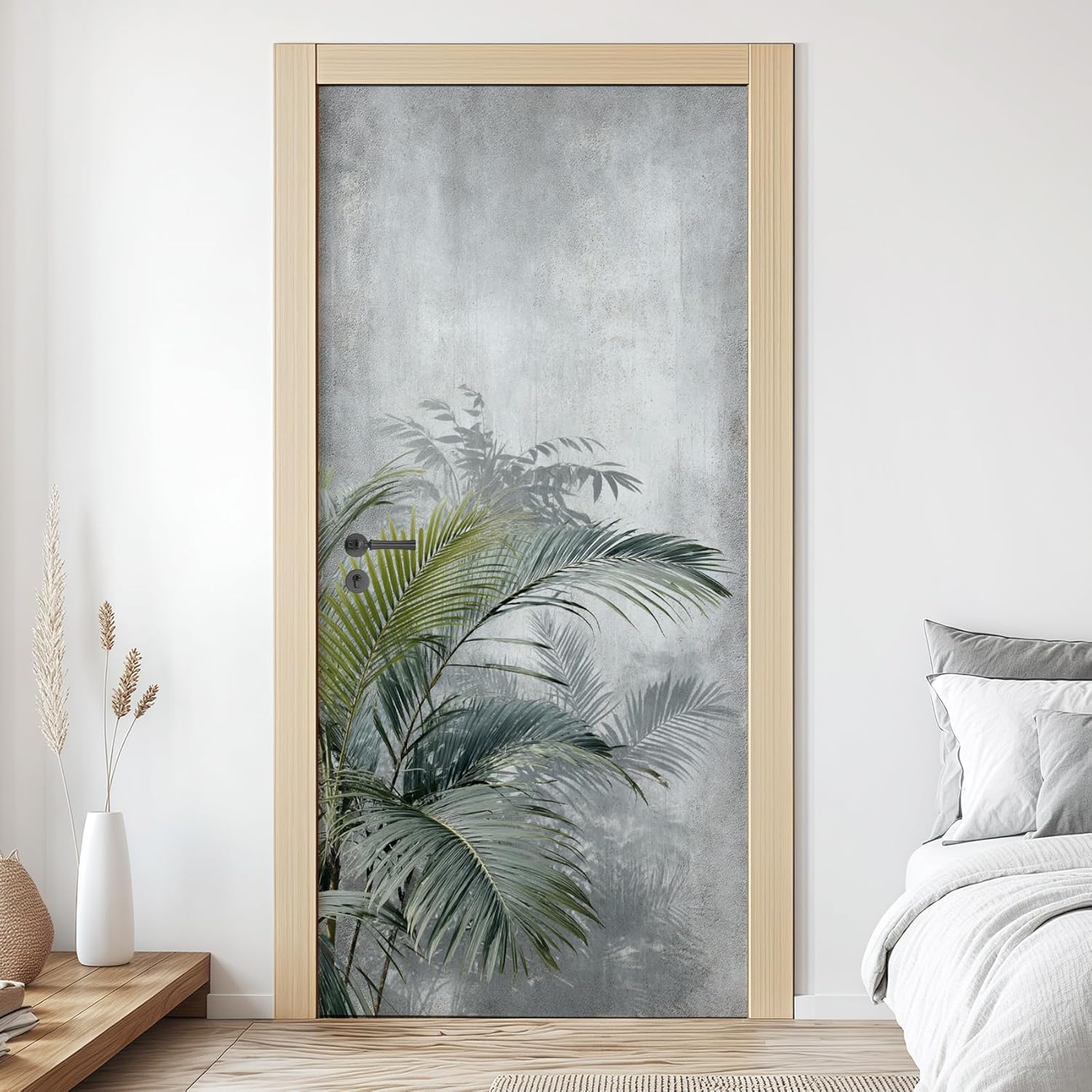 Sticker Porte Plantes Tropicales, Stickers Porte Trompe L'oeil Gris Autocollant Poster Auto-Adhésif Art Décor Pour Chambre Salon Salle de Bain Papier Peint 95x215 cm 5407n
