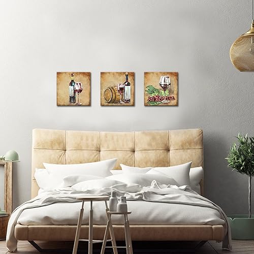 Miniatura 4 de KLVOS Lienzo de cocina de 3 paneles de arte de pared retro de vino tinto y uva, lienzo retro de pintura de alimentos, decoración de pared para bar,