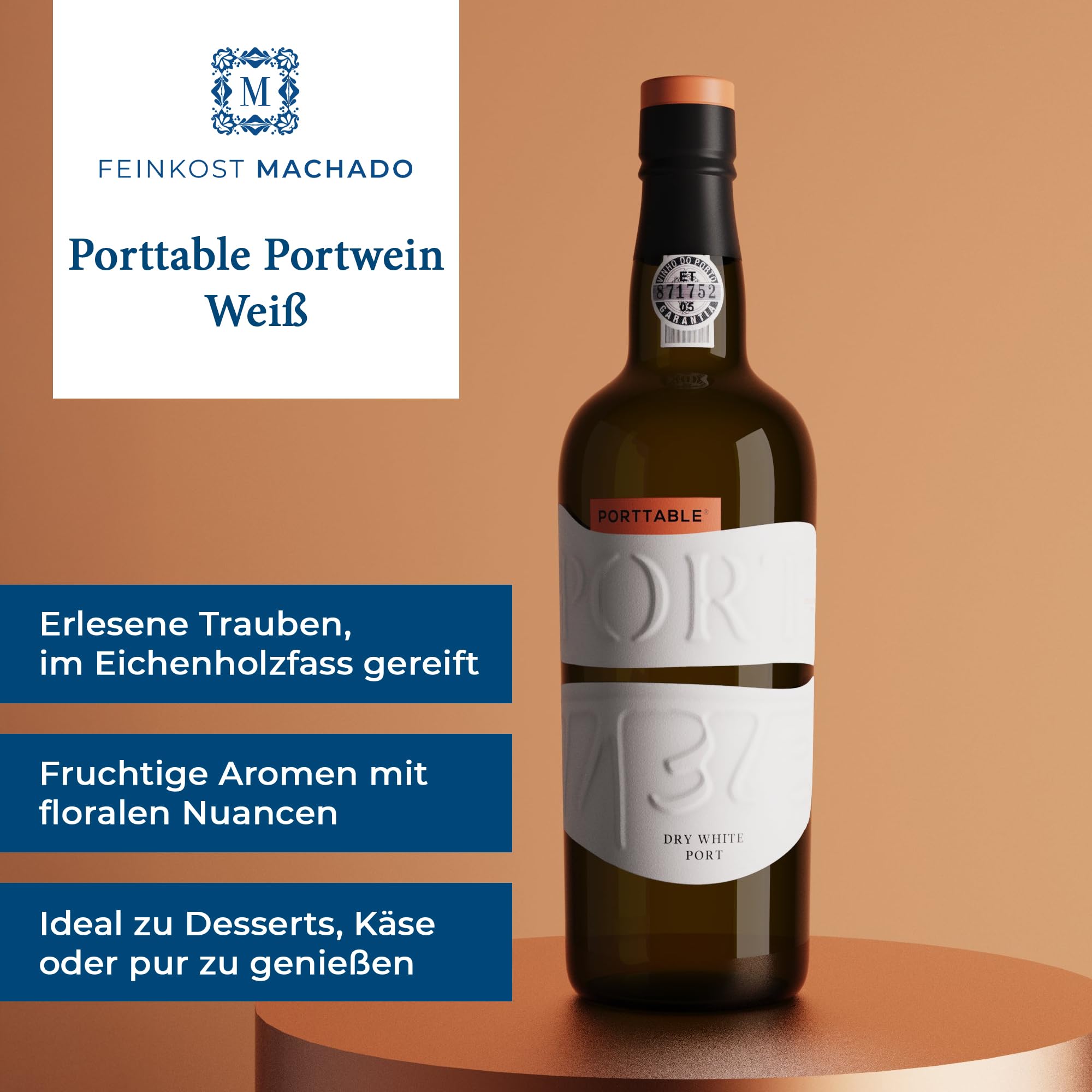 Portwein Weiß (750 ml) | Blumig-fruchtiger Port aus Portugal mit Holzfassreifung | Samtig-weiche Textur – Ideal zu Desserts, Käse & besonderen Anlässen – 19% Vol.