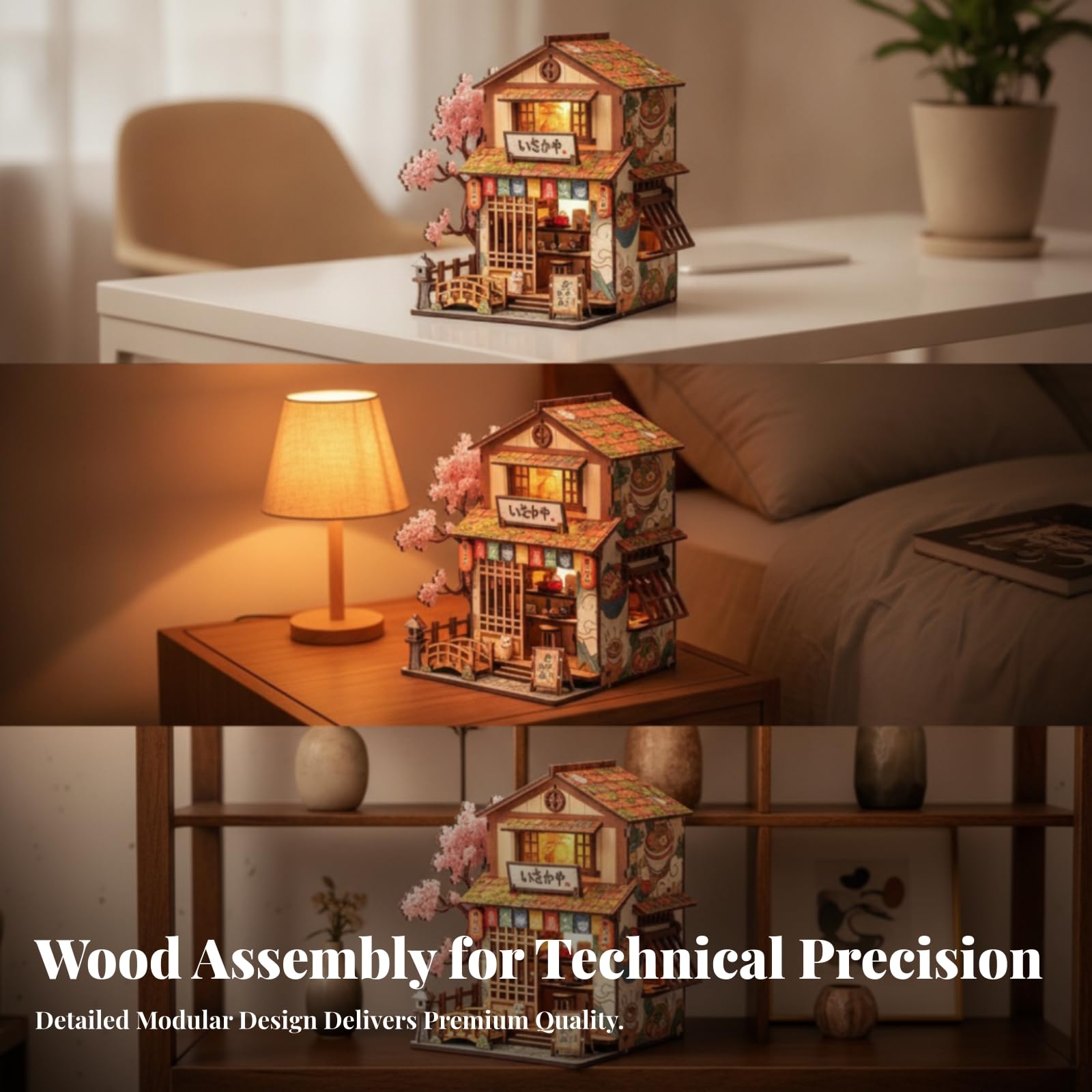 Miniatura Edificio Blocchi Costruzione Kit Modello Casa Vetrina Ornamento Tavolo Illuminazione Calda Legno con Tetto a Strati Finestre a Porta Insegna