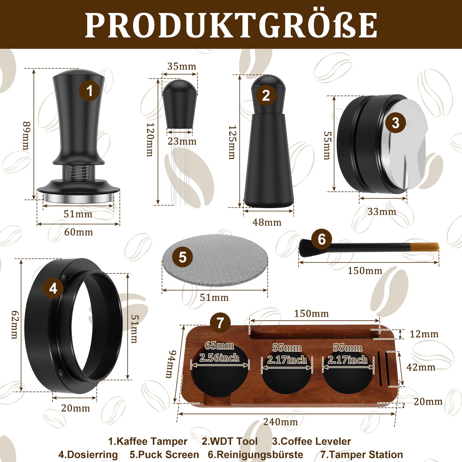 Juego de prenso, 51 mm, con aguja de espresso, prensador de café con distribuidor, anillo dosificador de 51 mm, agujas para agitador de café, pantalla de puck, estación de tamper, cepillo de