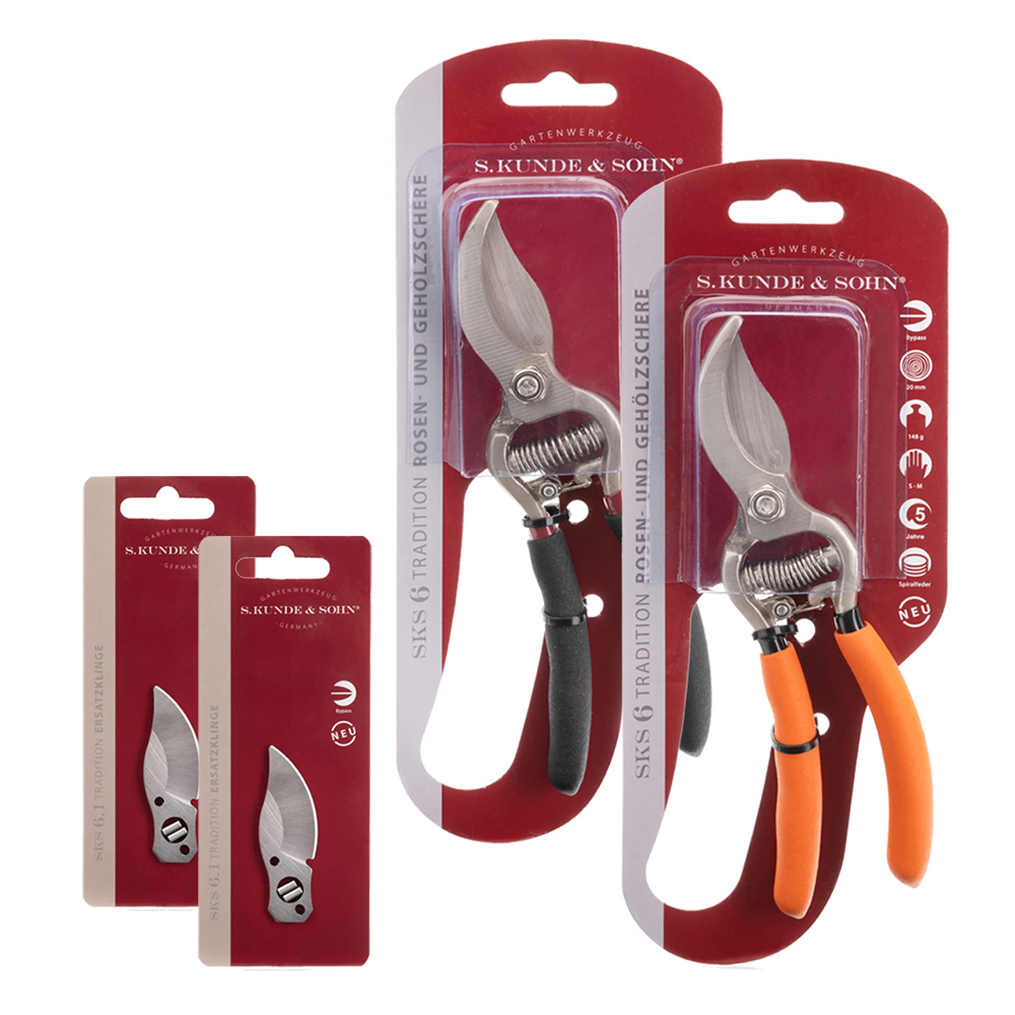 S. Kunde & Sohn Germany – die leichteste geschmiedete Gartenschere 2x SKS6 Tradition + 2 Ersatzklingen GRATIS – ergonomisches Design – Bypass – Rosen-Rebschere – ∅20mm – kompl. beschichtet, rostfrei
