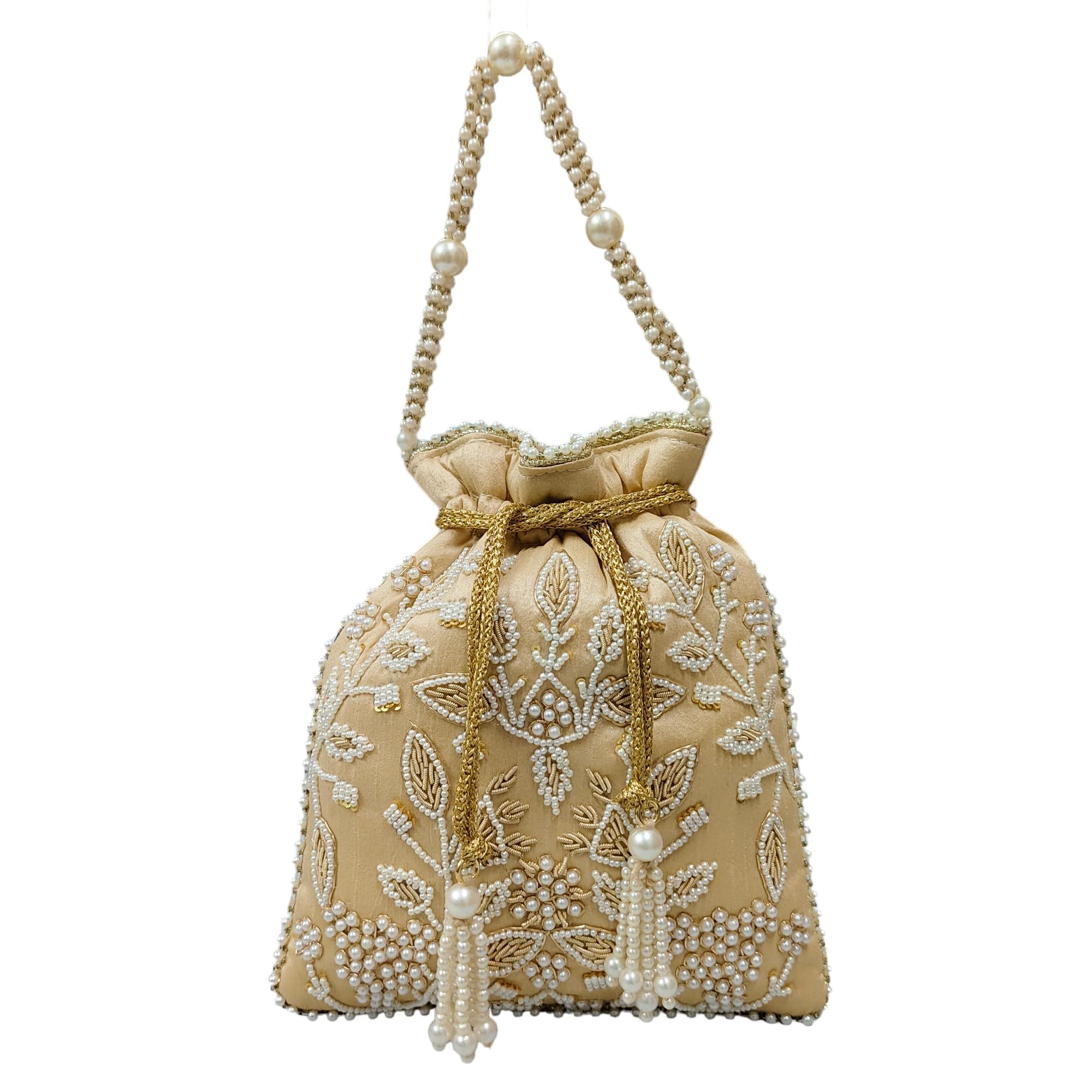 EK PAHECHAN Womens Beautiful Handmade Raw Silk Fabric Heavy Embroidery Work Ethnic Drawstring Potli Bag for Weddings Gifting and festivals (BEIGE) (B0D1R21MM9) Amazon Price History, Amazon Price Tracker