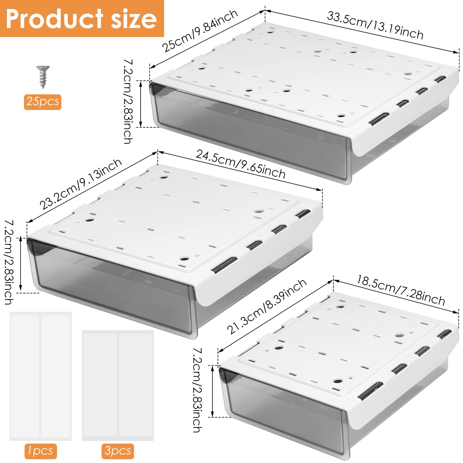 Set di 3 cassetti sotto la scrivania, 33 x 25 x 7 cm, cassetto adesivo con passante, alta capacità di carico, scatola portaoggetti nascosta per casa, ufficio, scuola