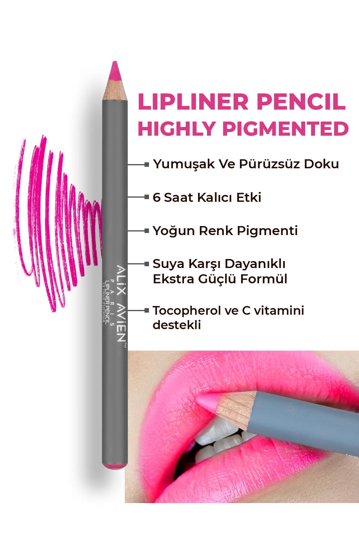 ALIX AVIEN Uzun Süre Kalıcı Dağılma Yapmayan Nemlendirici Dudak Kalemi - Lipliner Pencil 13 True Fuchsia