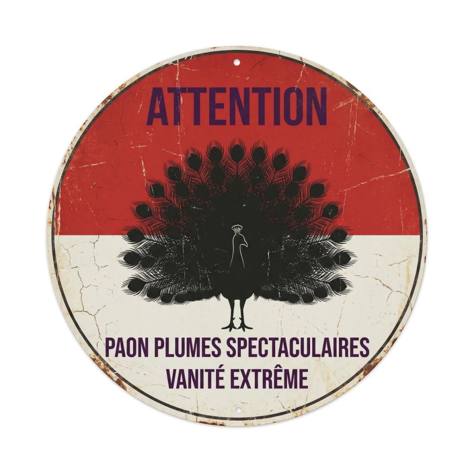 Bold Bird Caution Notice Peacock Plume Fan Hazard Rustic Metal Tin Sign Plaque Wall Decor for Cafe, Man Cave, Club Bar, Office, Home Garden Round Metal Poster 8x8Inch