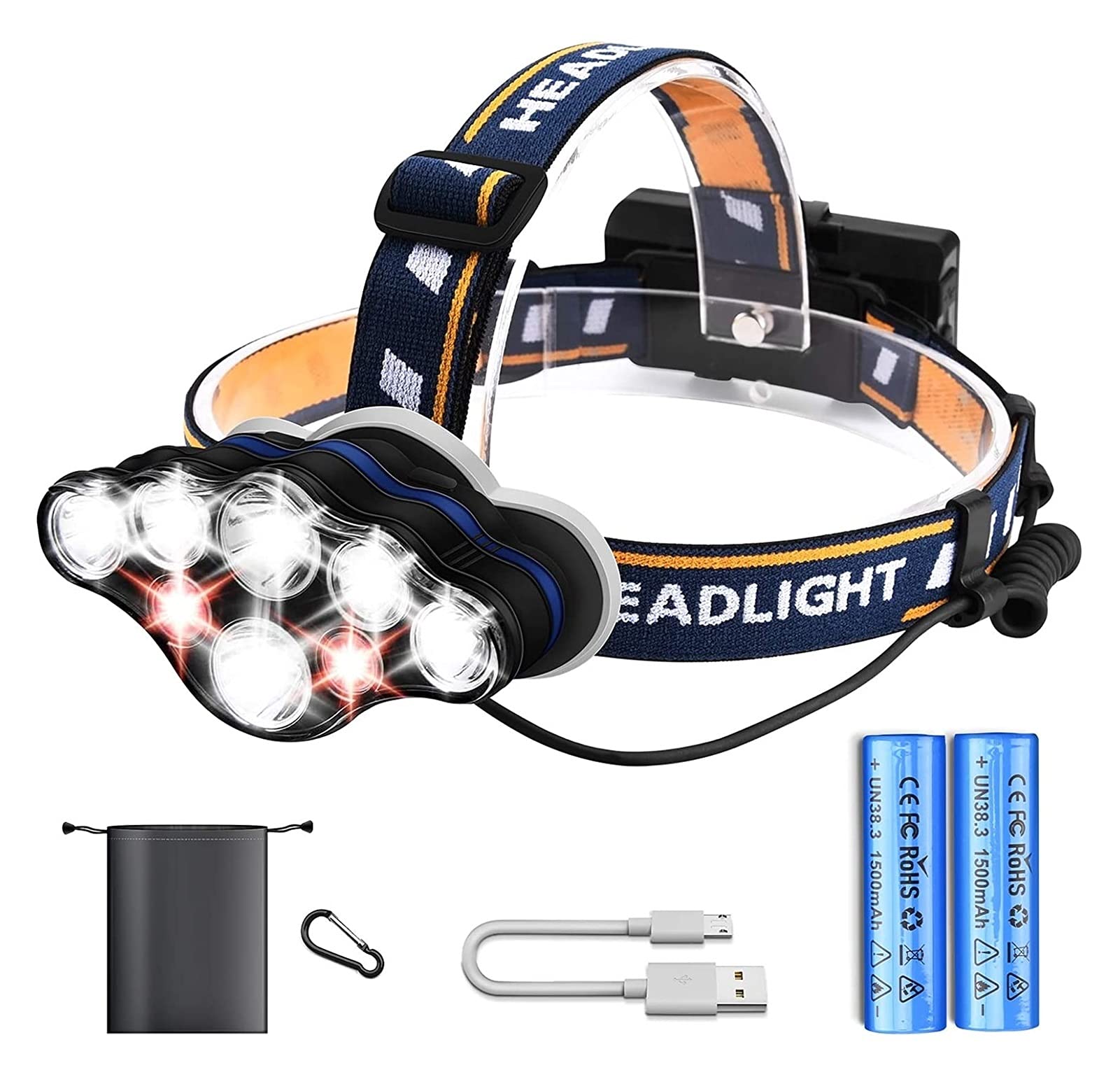 JJJ 8 LED latarka czołowa z 8 trybami 18000 lumenów, ładowana przez USB, super jasna, regulowana, wodoodporna latarka czołowa do wędkowania, biwakowania, biegania, jazdy na rowerze, pieszych wycieczek
