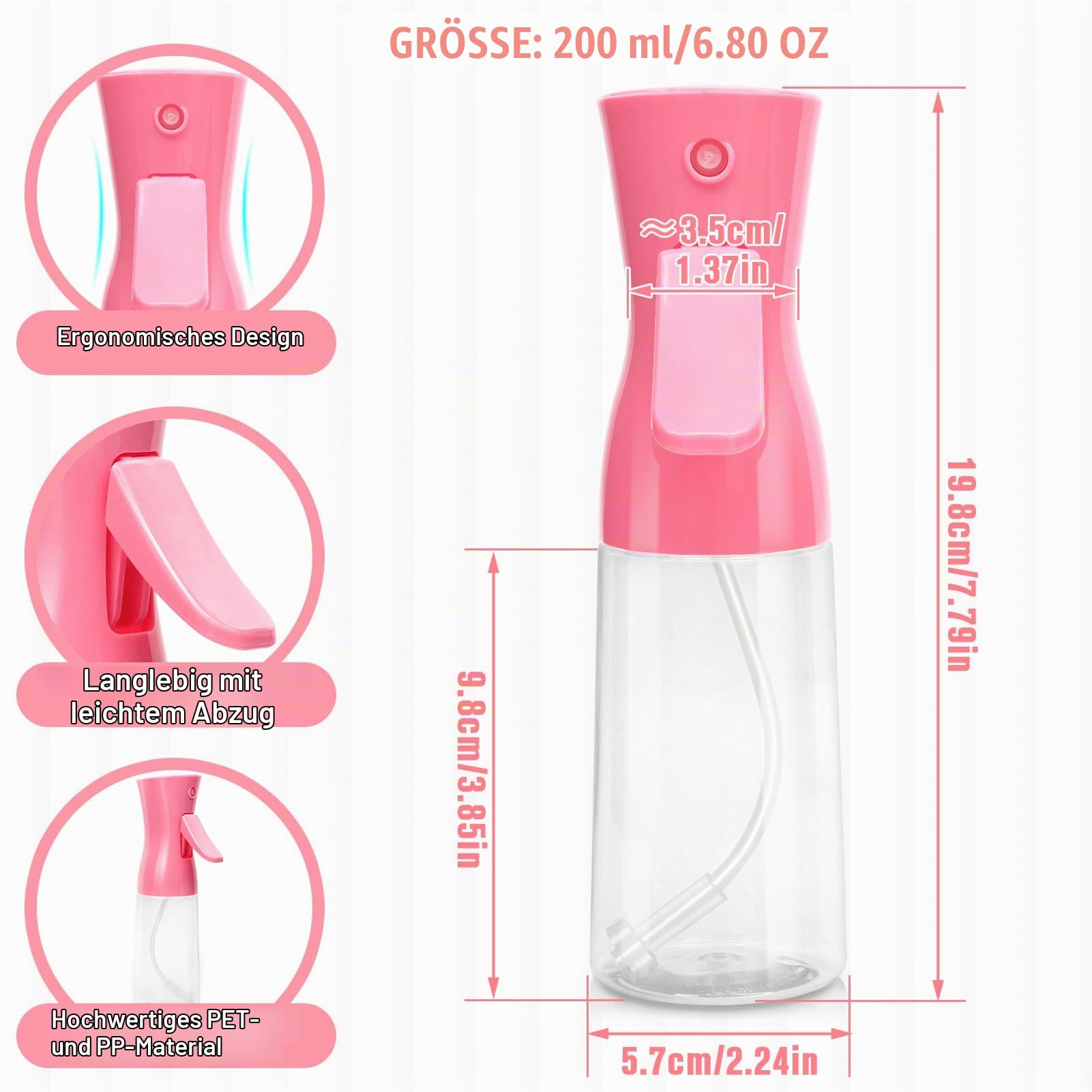 Sprühflasche für Haare, kontinuierlicher Wasserzerstäuber für Haarstyling, Salons, Reinigung, Pflanzen, ätherische Öldüfte, ultrafeiner Nebelzerstäuber, 200 ml / 6,8 OZ - rosa