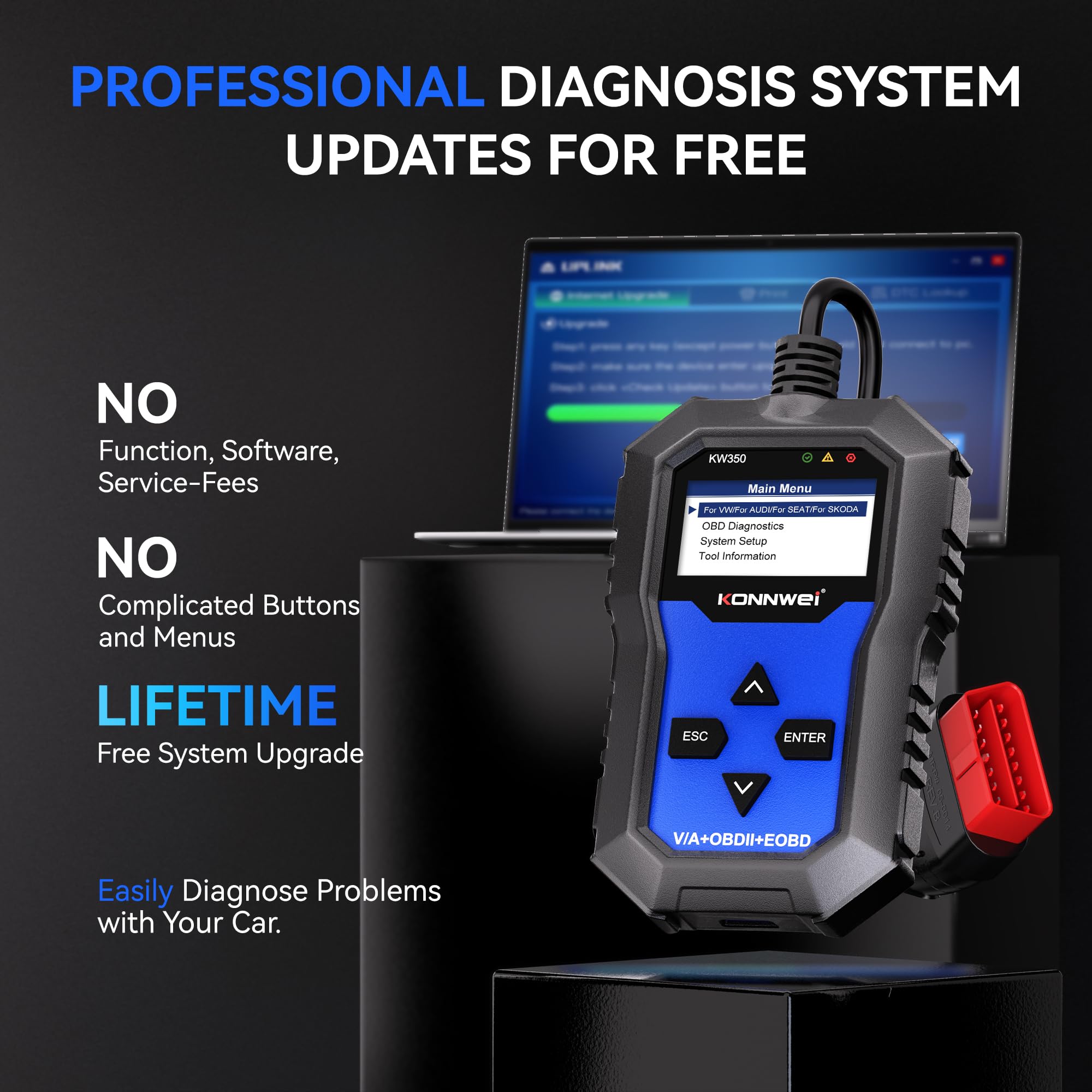KONNWEI KW350 OBD2 urządzenie diagnostyczne do samochodu, czytnik kodów błędów do VW/Audi/Skoda/Seat, lampka kontrolna silnika OBD2, skaner z resetem oleju BMS/DKA/EPB, w języku niemieckim