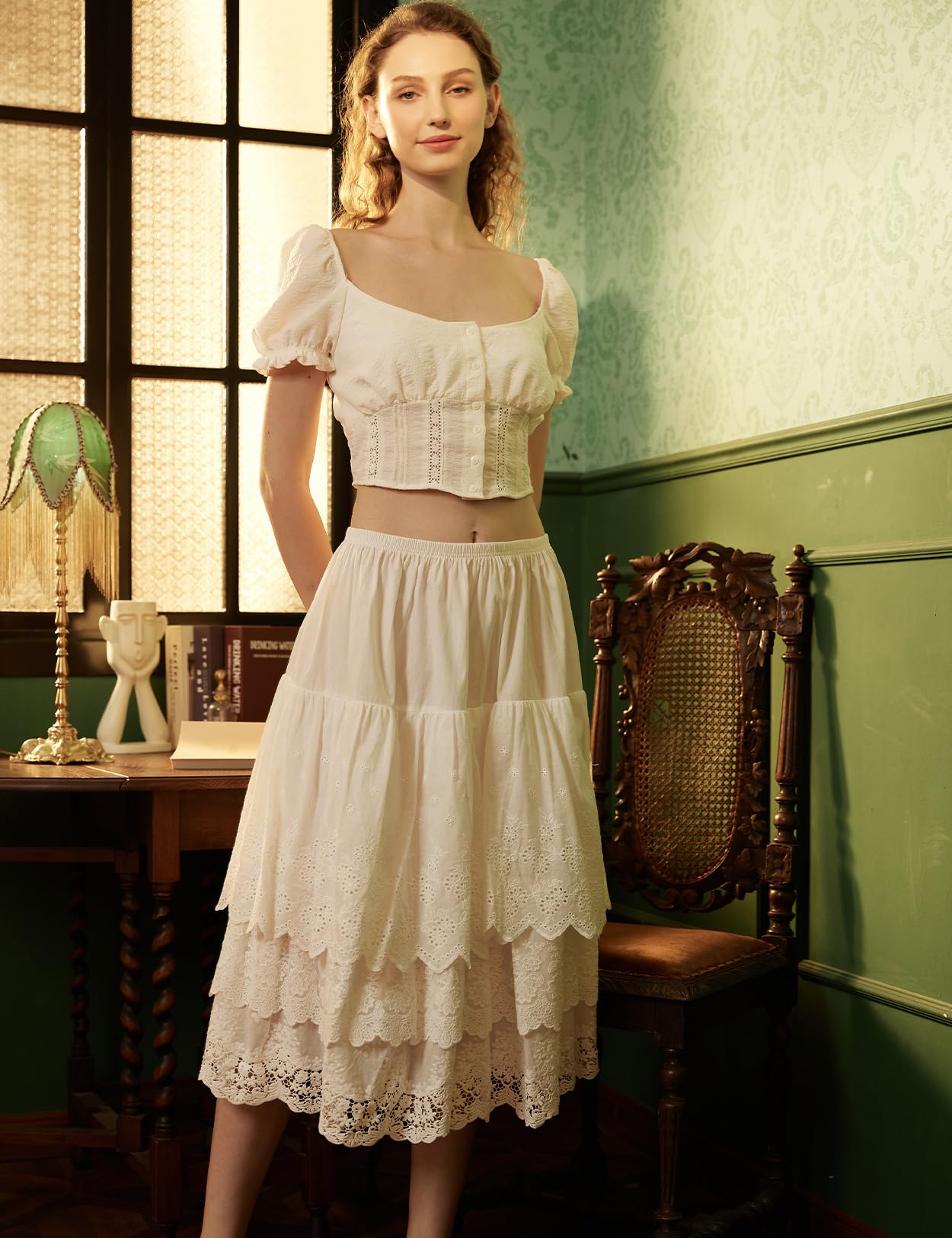 BEAUTELICATE Enaguas para Vestidos Larga 100% Algodón Antiestática Combinación para Falda Antideslizante Cintura Elástica Falda Marfil con Encaje Dobladillo