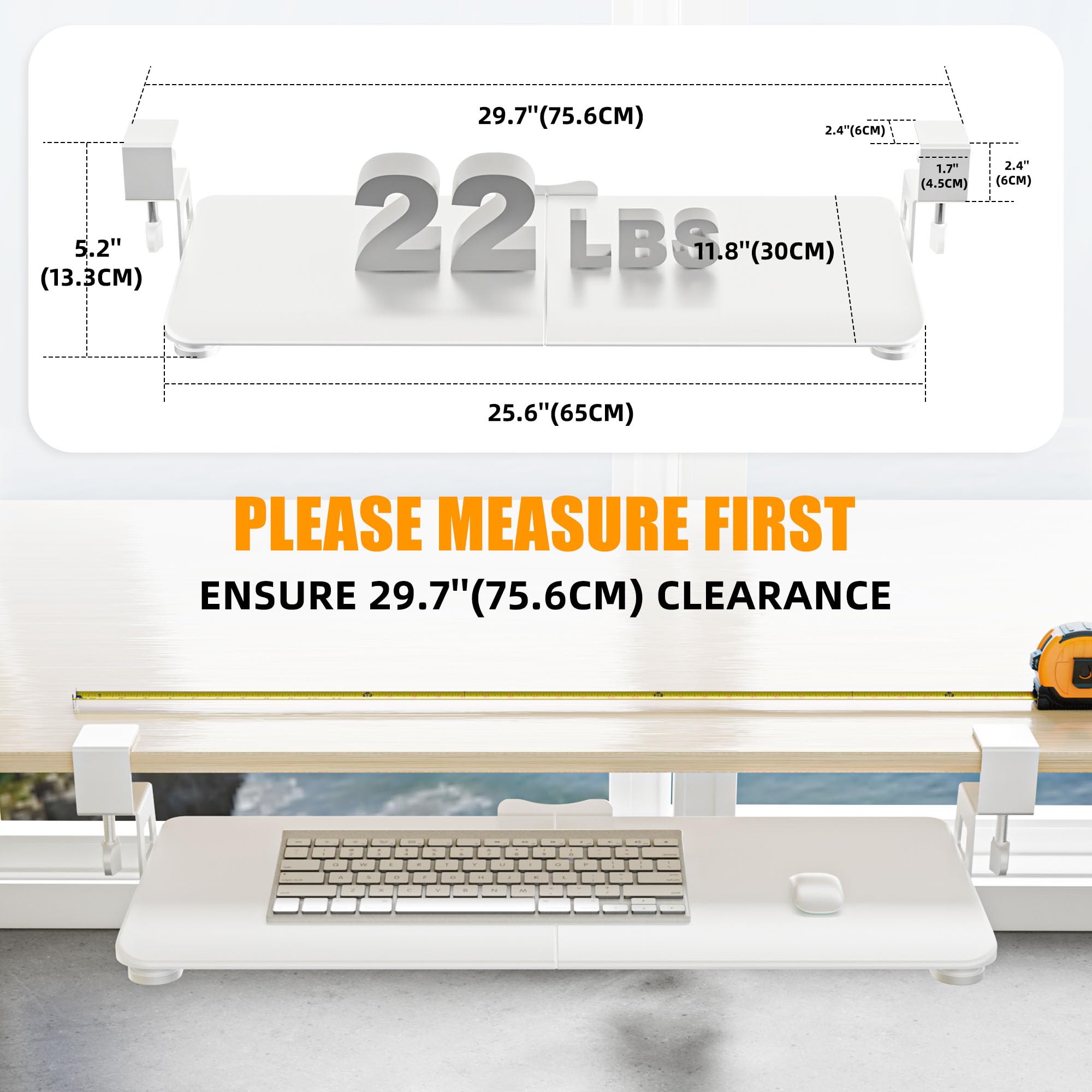 ERGOMAKER Tastaturablage, tastaturauszug untertischmontage mit C-Klemmhalterung, ergonomische Tastaturablage zum Tippen 650x300 mm, Büro und Zuhause (Weiß)