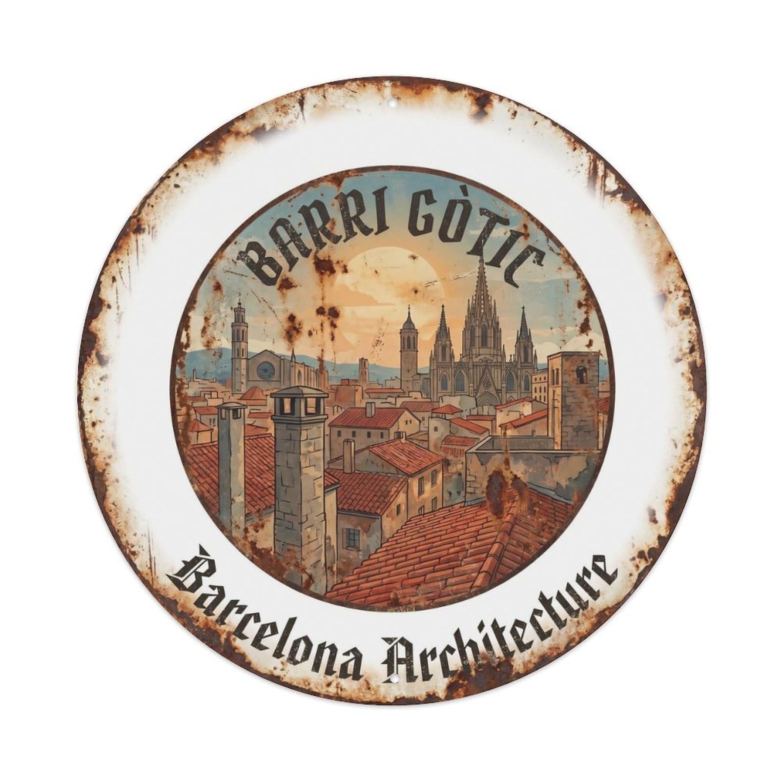Gothic Architecture Barcelona Vintage Spain Travel Heritage Metal Tin Sign Plaque Wall Decor for Cafe, Man Cave, Club Bar, Office, Home Garden Round Metal Poster 8x8Inch