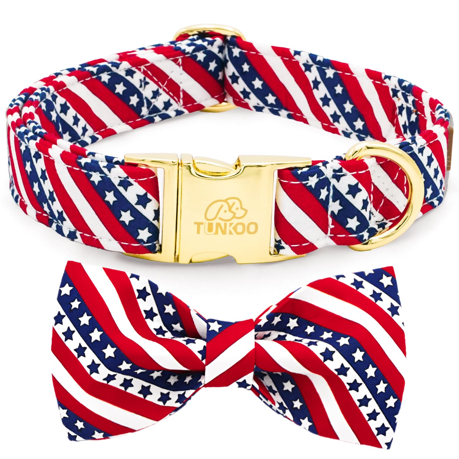 Tunkoo American Flag Dog Collar with Cute Bow Tie 4th of July Cotton Collar Adjustable Durable for Outside Small Medium Large Boys Girls Dogs, L
