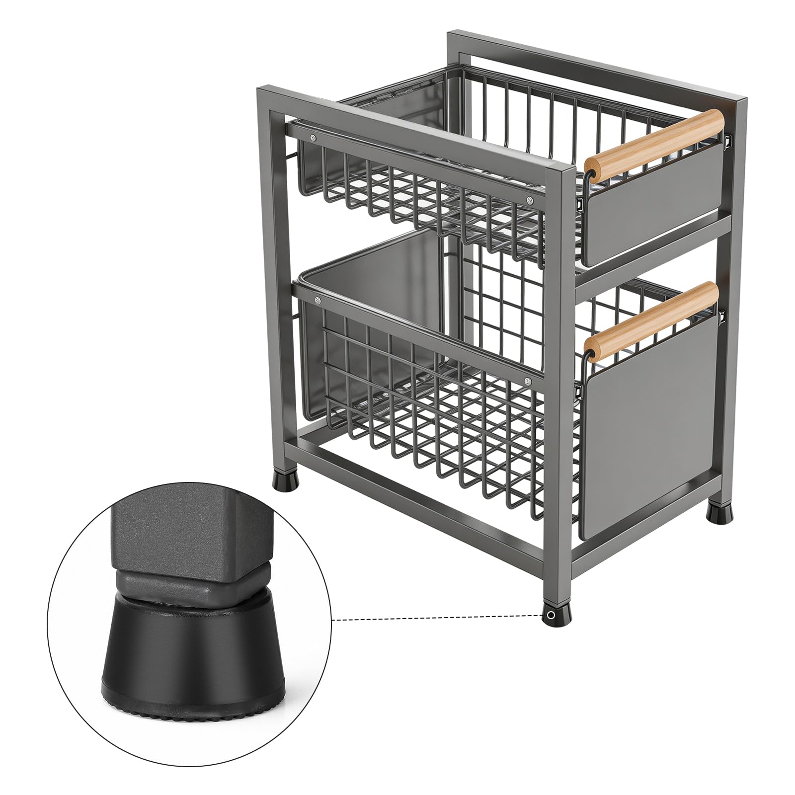 Schrank Organizer Ausziehbar, Küchen Organizer Spüle Unterschrank Regal, 2 Etagen Metall Ablage mit Holzgriff, Rostfrei & Stabil für Bad & Küche, 39x24x42cm-Grau