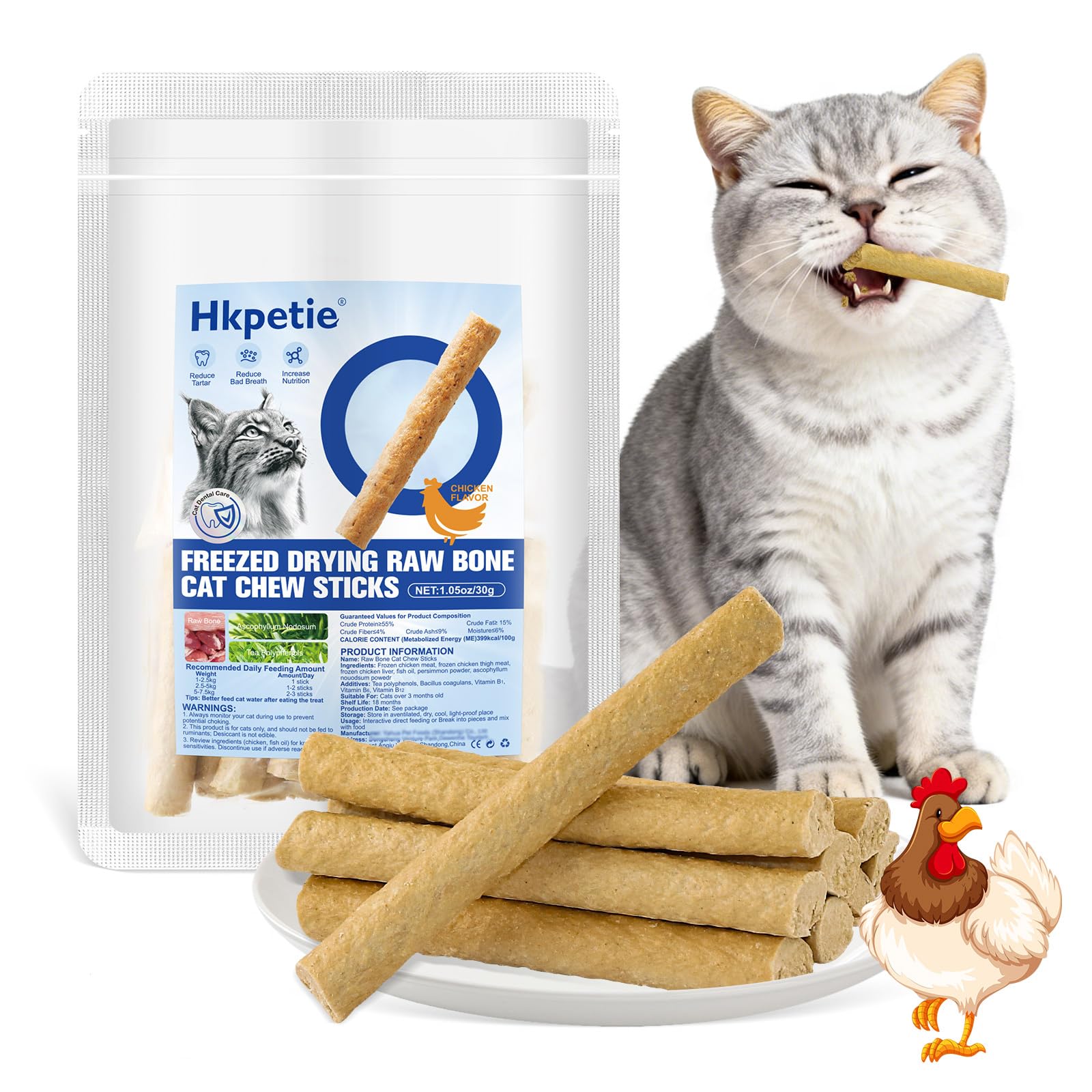 30g Freezed Dried Cat Dental Treats Chicken Flavor, Cat Chew Stick for Freshens Breath and Reduce Tartar, Feline Teething Sticks Cats Treats Snack