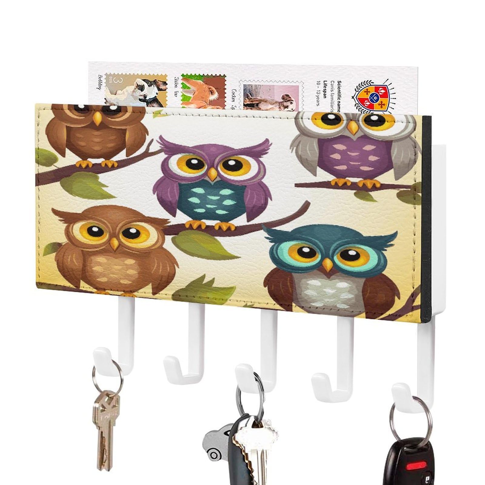 Fodpand White-Style Owls Birds Key Holder For Wall Mount Key Hooks Key Rack With Self Adhesive Pu Key Hanger Personalized Key Organizer Rack With 5 Hooks For Hallway Door Entryway