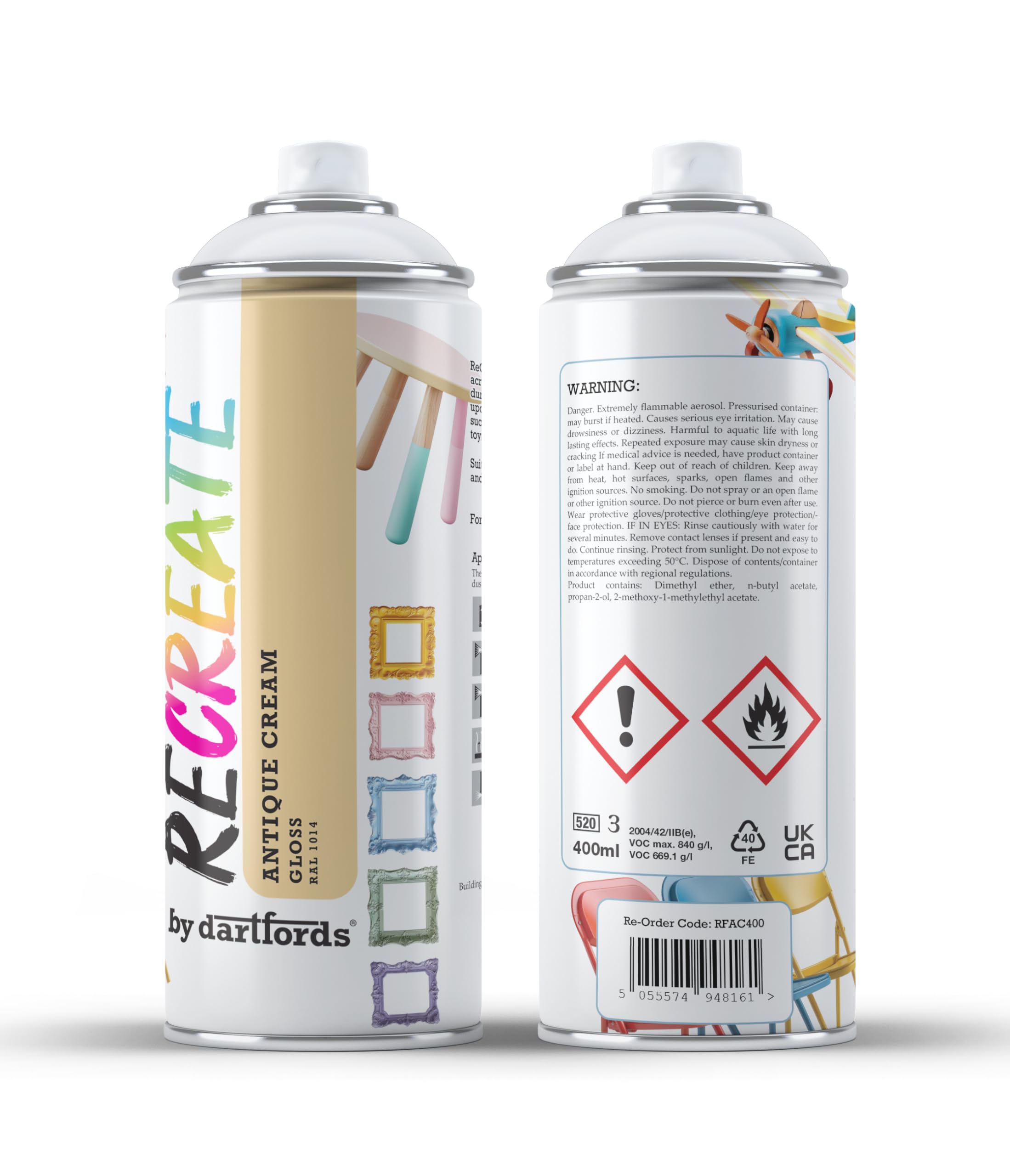 RECREATE Antique Cream Gloss Spray Paint for Wood, Metal, Plastic | Quick Drying, Smooth, Durable, Easy-to-Apply | Suitable for Indoor/Outdoor | For Furniture, Craft, Doors, Ornaments, Pots, Frames