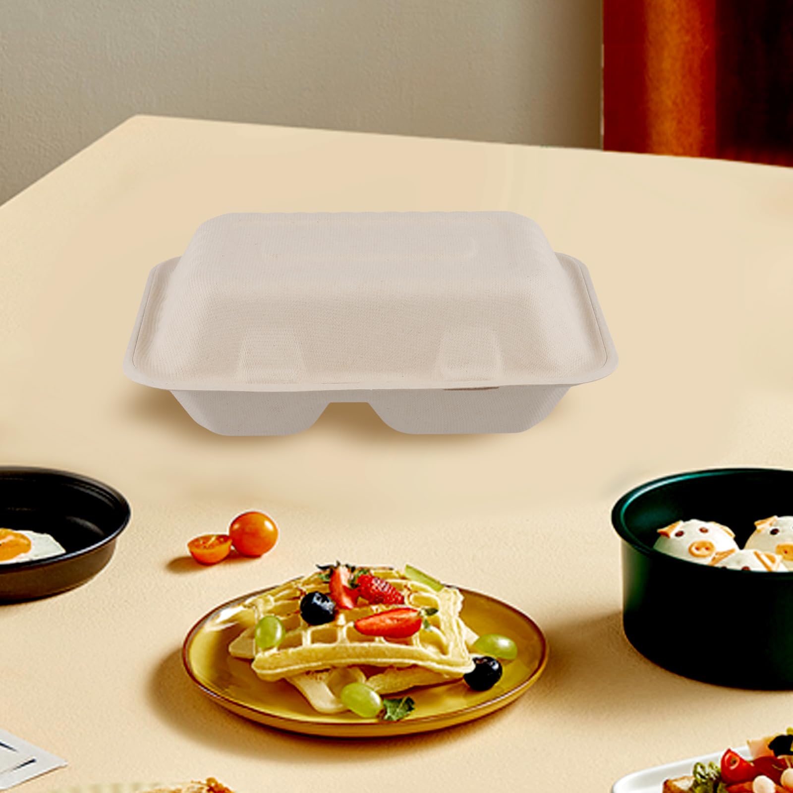 75 pezzi Confezione da asporto a due scomparti, per uso alimentare, contenitore per il pranzo in cartone, in polpa di canna da zucchero, ciotole con coperchio, 900 ml, 23 x 15 x 8 cm