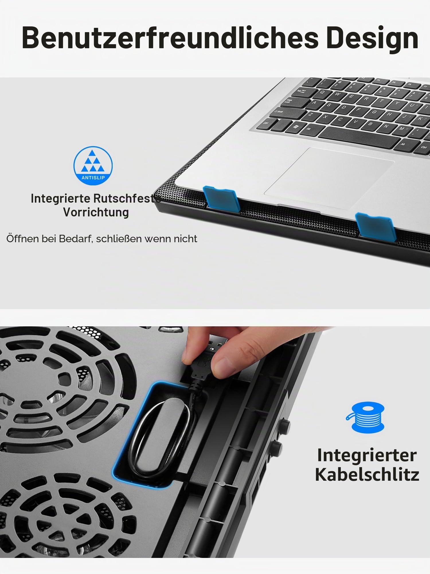Kootek Laptop-Kühlkissen, 30,5 cm - 43,2 cm, 5 leise Lüfter, LED-Lichter und 2 USB-2.0-Anschlüsse, verstellbare Halterungen, Laptop-Ständer, Höhenwinkel, blau