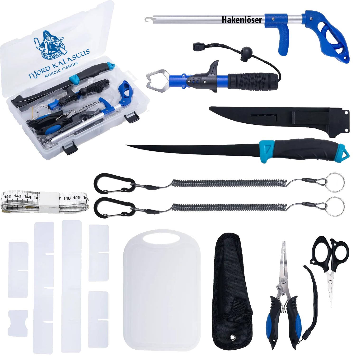 Angelset Komplett für Einsteiger & Profis Multifunktionale Angelbox mit Filiermesser, Maßband, Hakenlöser, Fischgreifer, Schere, Multizange & Schneidebrett Perfektes Fischen Set & Angelkoffer Zubehör