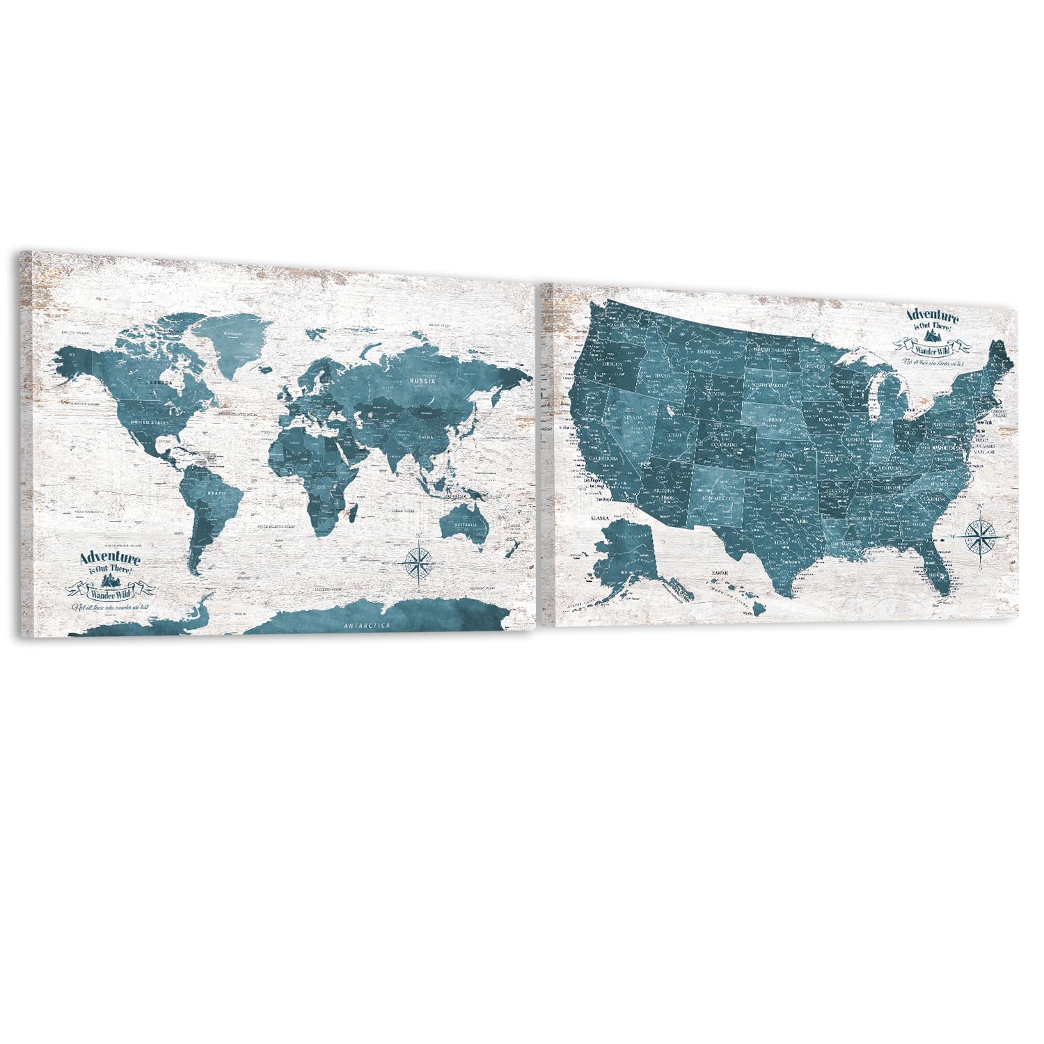 IPIC Vintage Teal World Maps for Wall, World Map Canvas, Size 42x28 in