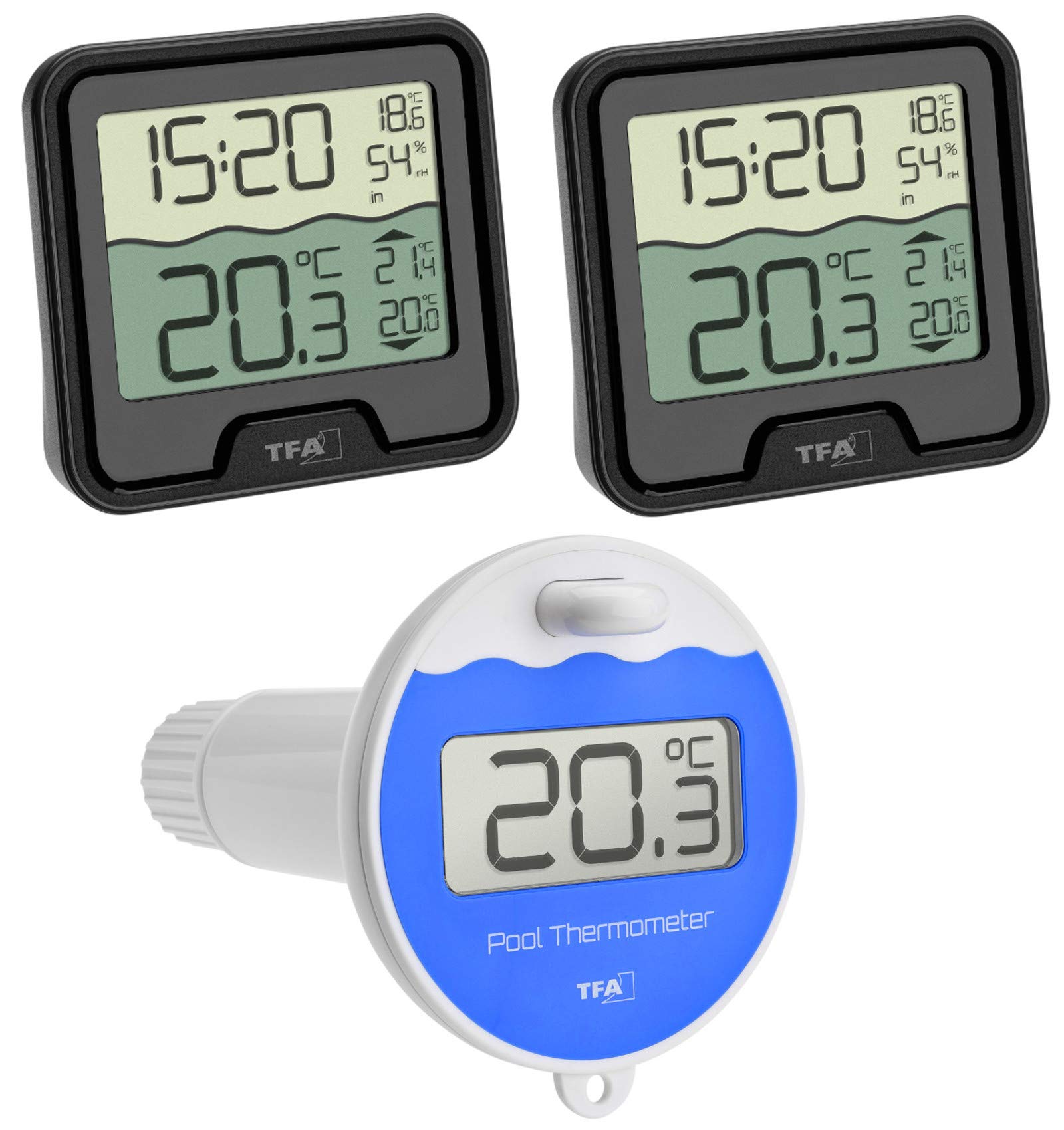 Marbella Mega TFA 30.3066 Thermomètre de piscine sans fil avec émetteur flottant et 2 écrans Noir