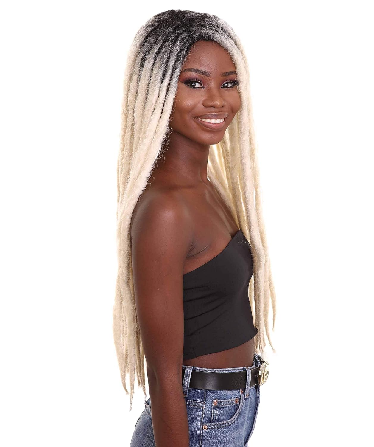 HPO Adult Women's Long Blonde Dreadlock Wigs with Dark Roots, Breathable Capless Cap Design for Comfort, Best for Halloween, Flame-retardant Synthetic Fiber