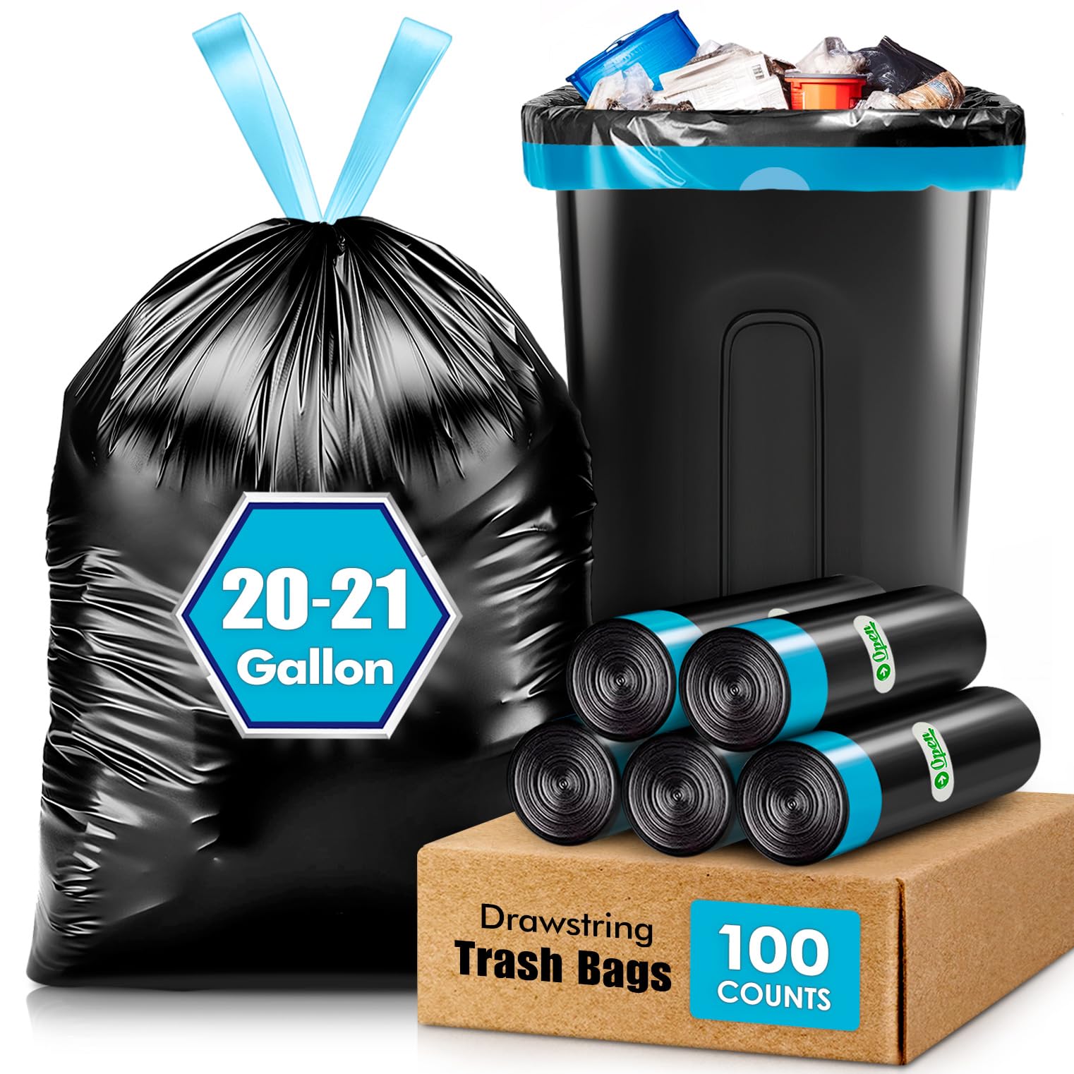 20 Gallon 100 Counts Large Drawstring Trash Bags Fit 20-21 Gal