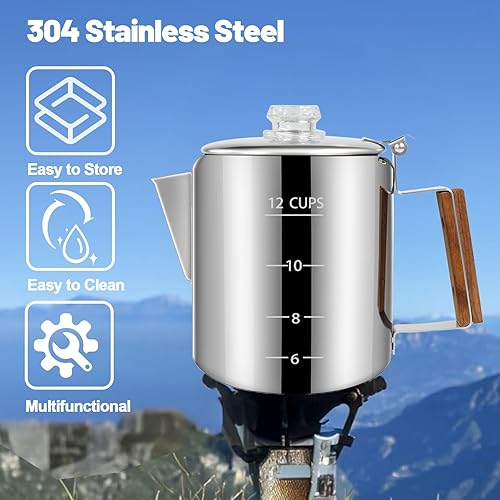 Miniatura 4 de Cafetera de acero inoxidable 304 para 12 tazas, cafetera con mango de madera maciza, perilla transparente, estufa Greca Mocha para inducción, hogar