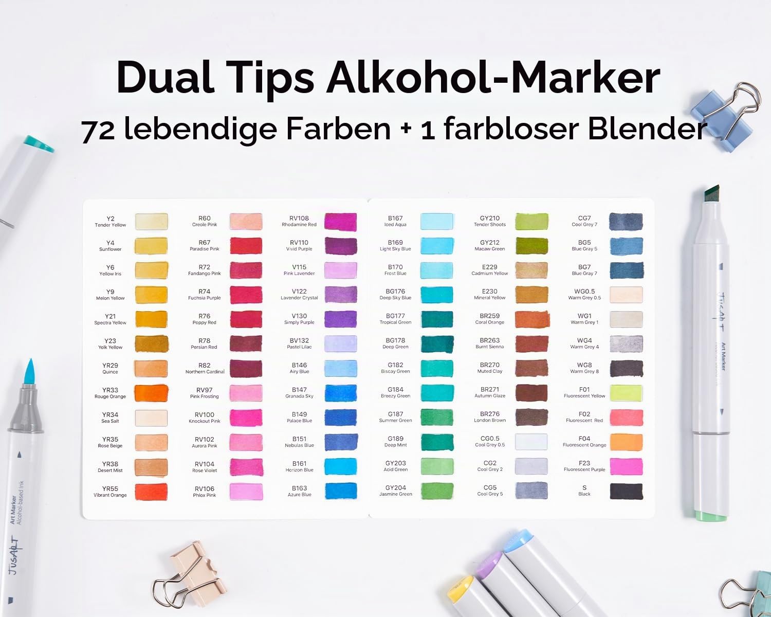 JusArt Alkohol Marker 72 Farben Pinsel Marker Stift,Doppelseitige Graffiti Stifte mit Pinsel und Meißel,Alkoholmarker für Malbücher für Erwachsene, Zeichnen, Illustrationen, Skizzieren