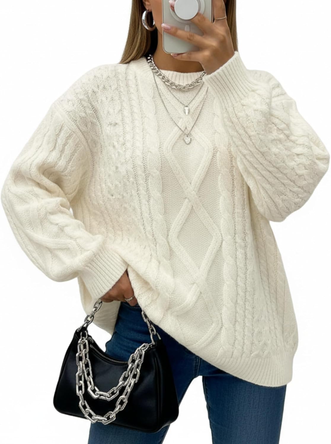 Women Oversized Sweater Cable Knit Chunky Pullover Long Sleeve Crew Neck Outfit Winter Knitwear Loose Fit Casual Top