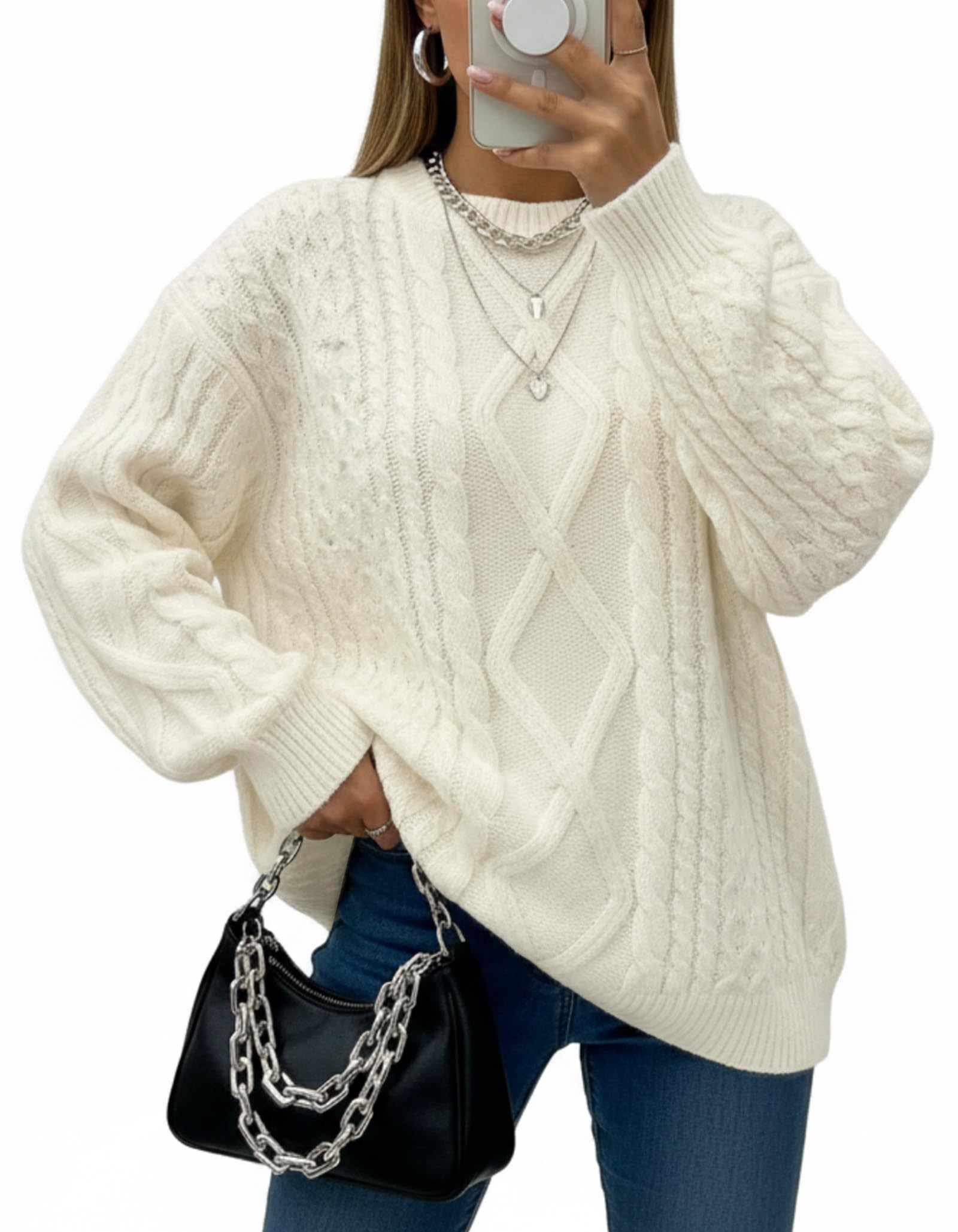 Women Oversized Sweater Cable Knit Chunky Pullover Long Sleeve Crew Neck Outfit Winter Knitwear Loose Fit Casual Top