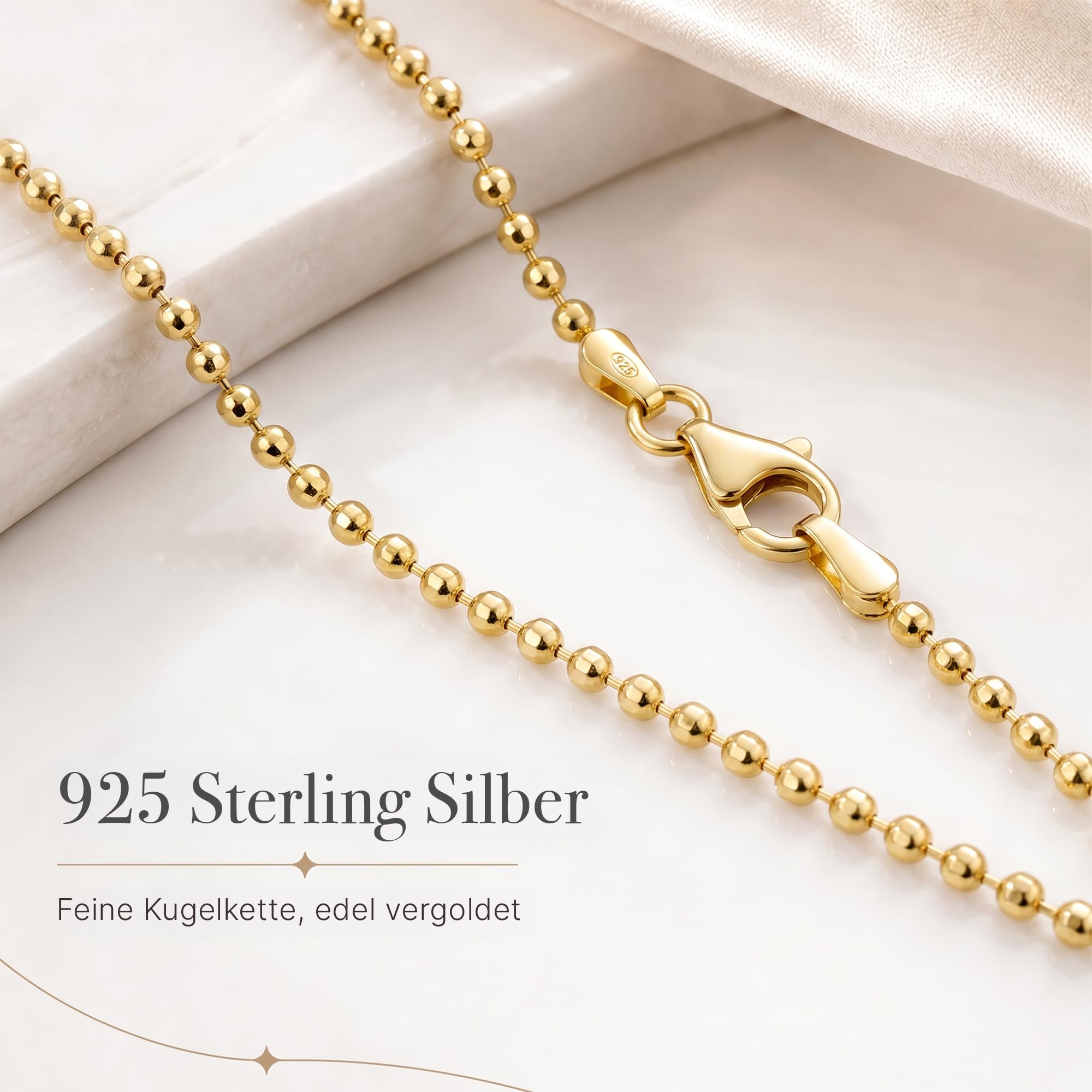Kugelkette vergoldet 925 Silber Damen 1,4 mm Halskette 101061-5 | goldene Silberkette Gold Kette Goldkettchen in den Längen 42 45 50 60 70 80 90 cm verfügbar