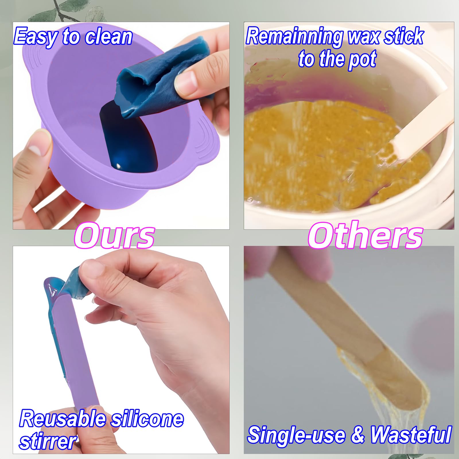 Lot de 2 chauffe-cire en silicone anti-adhésifs avec 2 bâtons de cire en silicone pour épilation, chauffe-cire Gigi, kit de cire Kolua, chauffe-cire pour le corps (rose et violet)