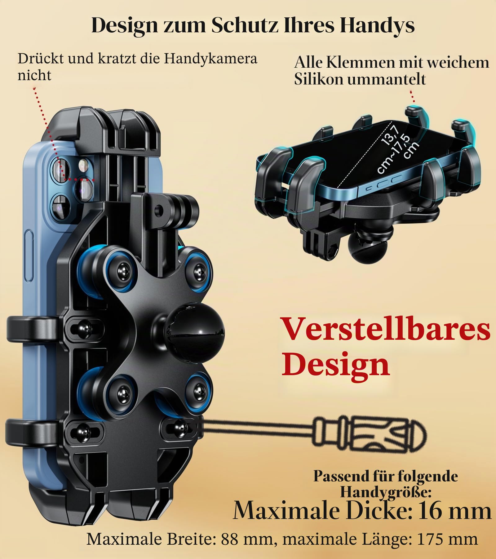 BRCOVAN 1'' Kugel-Motorrad-Handyhalterung mit Vibrationsdämpfer, verstellbare Handyhalterung für ATV UTV Bike Scooter, kompatibel mit RAM Mounts B-Größe Doppelsockelarm, für 5,4''-7,2'' Smartphones